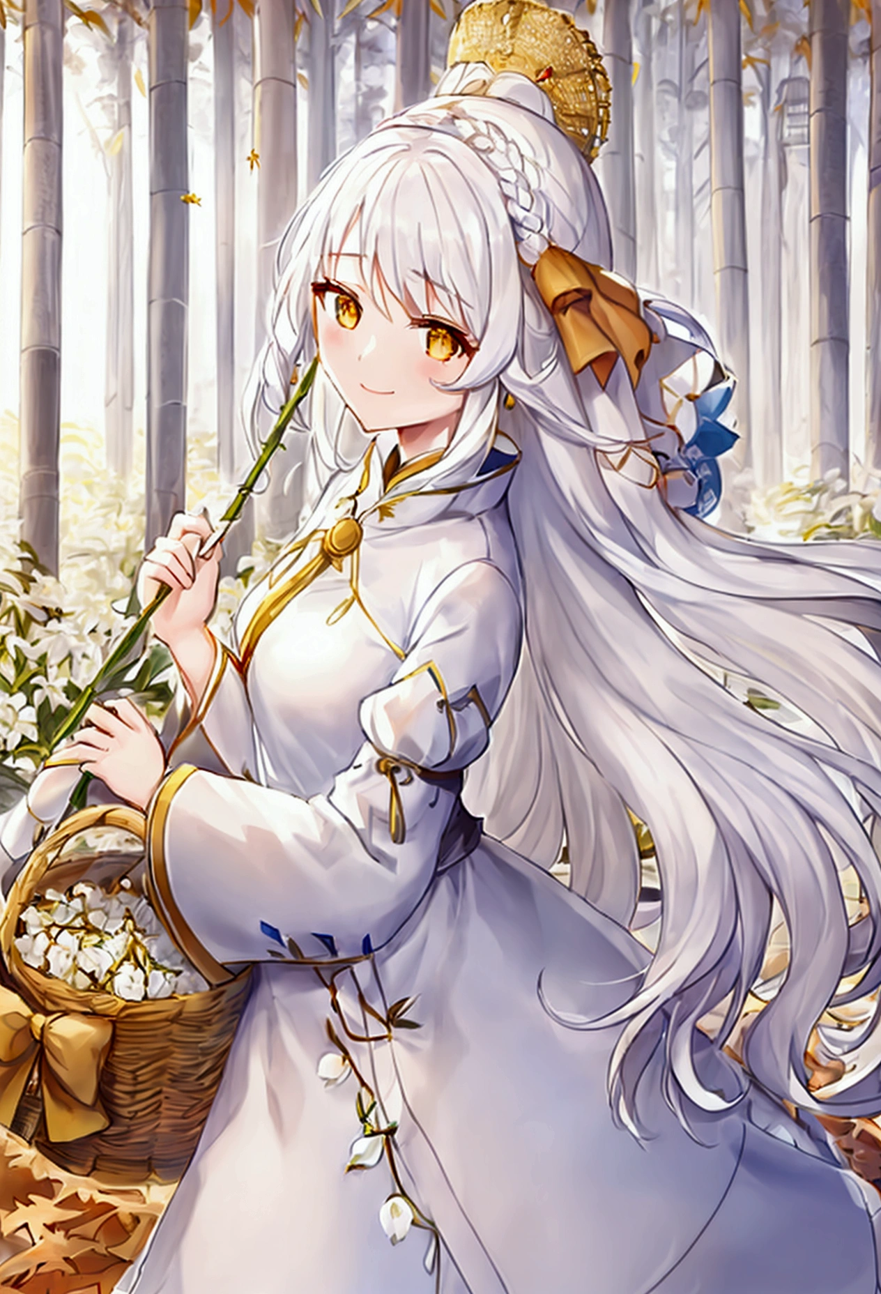 1girl,Long white hair 🏵️, bright white eyes,Smile, smile,Girl wearing a simple white dress, looks beautiful and pure,The background is filled with ancient trees 🍁,Falling leaves make the atmosphere look beautiful,Girl is holding a bamboo basket containing white  flowers 🍁while picking flowers, graceful, beautiful, magical, sweet, 4