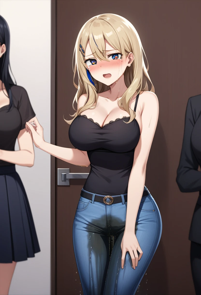 (high quality,Very detailed:1.37, High resolution), Woman, Serval Landau, jeans, large breasts, wetting herself, (standing:1.5), embarrassed, humiliation, (sweating:1.5), (blushing:1.5), Meticulous details, (extremely detailed eyes:1.37)