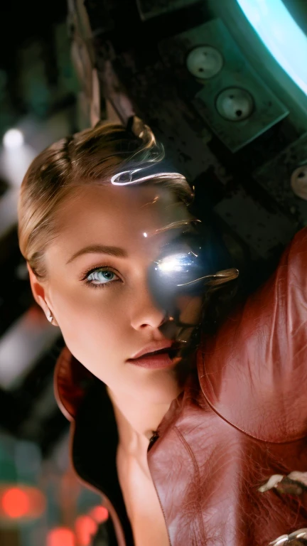 a woman with a red leather jacket leaning on a circular object, Kristanna Loken, highly detailed face, beautiful detailed eyes, beautiful detailed lips, extremely detailed eyes and face, long eyelashes, portrait, realistic, photorealistic, photo-realistic:1.37, best quality,4k,8k,highres,masterpiece:1.2,ultra-detailed,HDR,UHD,studio lighting,ultra-fine painting,sharp focus,physically-based rendering,extreme detail description,professional,vivid colors,bokeh,dark moody lighting,dramatic lighting,chiaroscuro,cinematic lighting,dramatic pose,intricate details,hyper realistic,intricate details,dramatic lighting,moody atmosphere,cinematic shot,stunning composition,breathtaking realism,exquisite details
