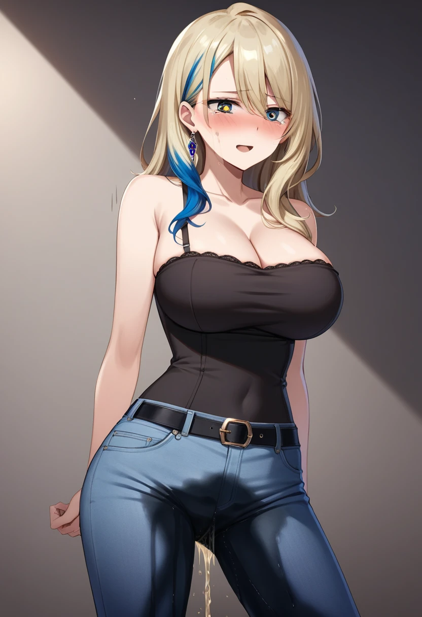 (high quality,Very detailed:1.37, High resolution), Woman, Serval Landau, jeans, large breasts, wetting herself, (standing:1.5), embarrassed, humiliation, (sweating:1.5), (blushing:1.5), Meticulous details, (extremely detailed eyes:1.37)