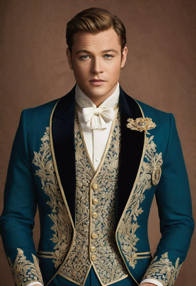 Prince of Monaco in Victorian times aged 29 as Taron Egerton with a.face: He has a sculpted face with defined features, a strong, well-defined jaw, and high cheekbones that give it an air of nobility and distinction.
eyes: Their eyes are deep blue or emerald green..., with a penetrating and intense look that reflects intelligence and determination. Her eyelashes are long and dark., accentuating your look.
hair: His hair is dark, thick and wavy, elegant hairstyle, often in a classic style that reinforces its regal air. 
Complexion: he has white, well cared for skin., with a healthy glow that highlights your youth and vitality.
Height and body: He is tall and well proportioned., with an upright and majestic posture. His figure is athletic., but it also has an air of refinement and grace that embodies strength and elegance..
attire: He wears a luxurious Victorian costume.. Prefers colors like navy blue..,  and their suits are decorated with family insignia and medals that reflect their status and achievements.. I want him in a Victorian suit from 1848.
