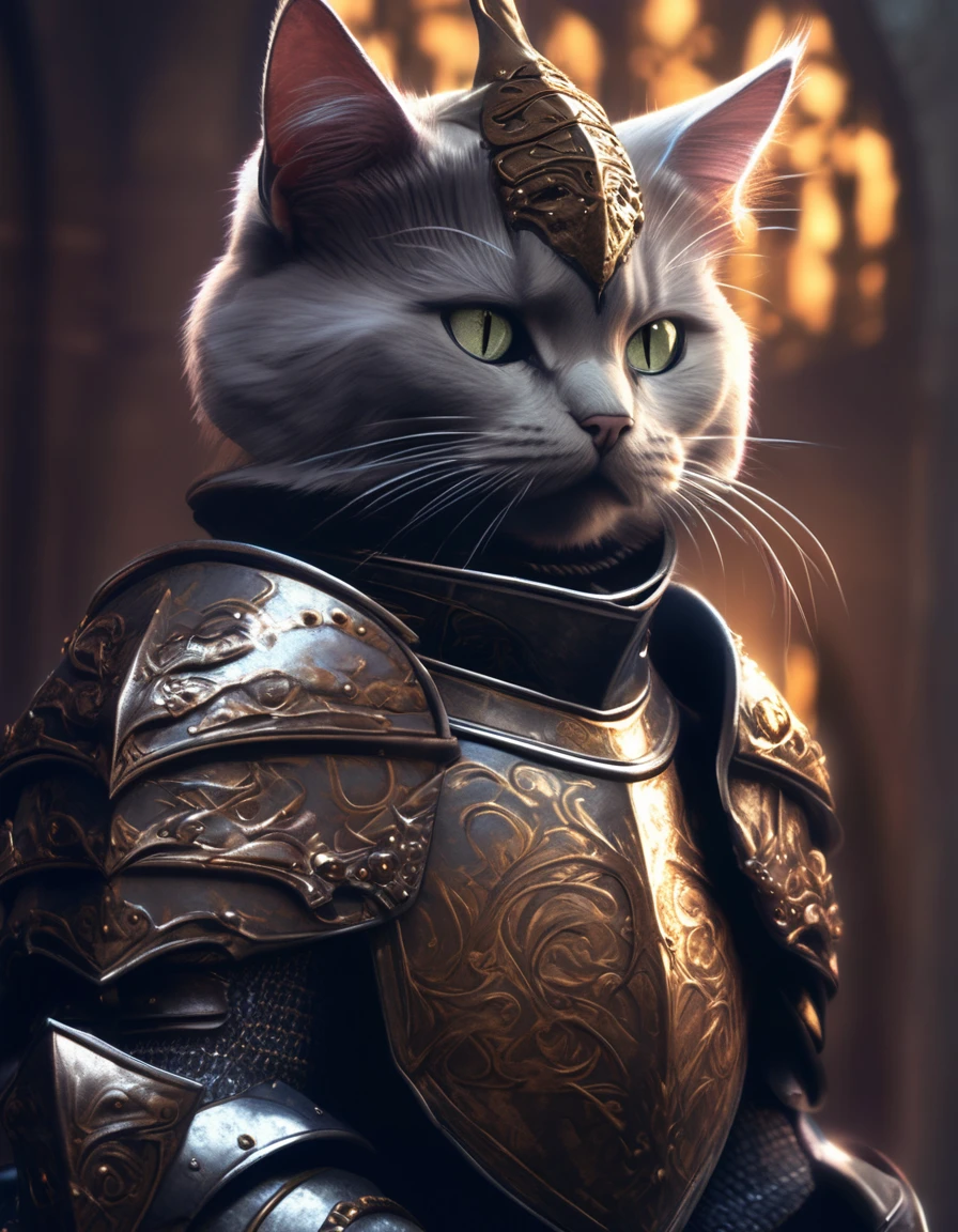 a knight cat wearing gothic armor, digital art portrait, dark fantasy, dramatic lighting, intricate details, cinematic composition, moody atmosphere, muted color palette, highly detailed, award winning digital art, concept art