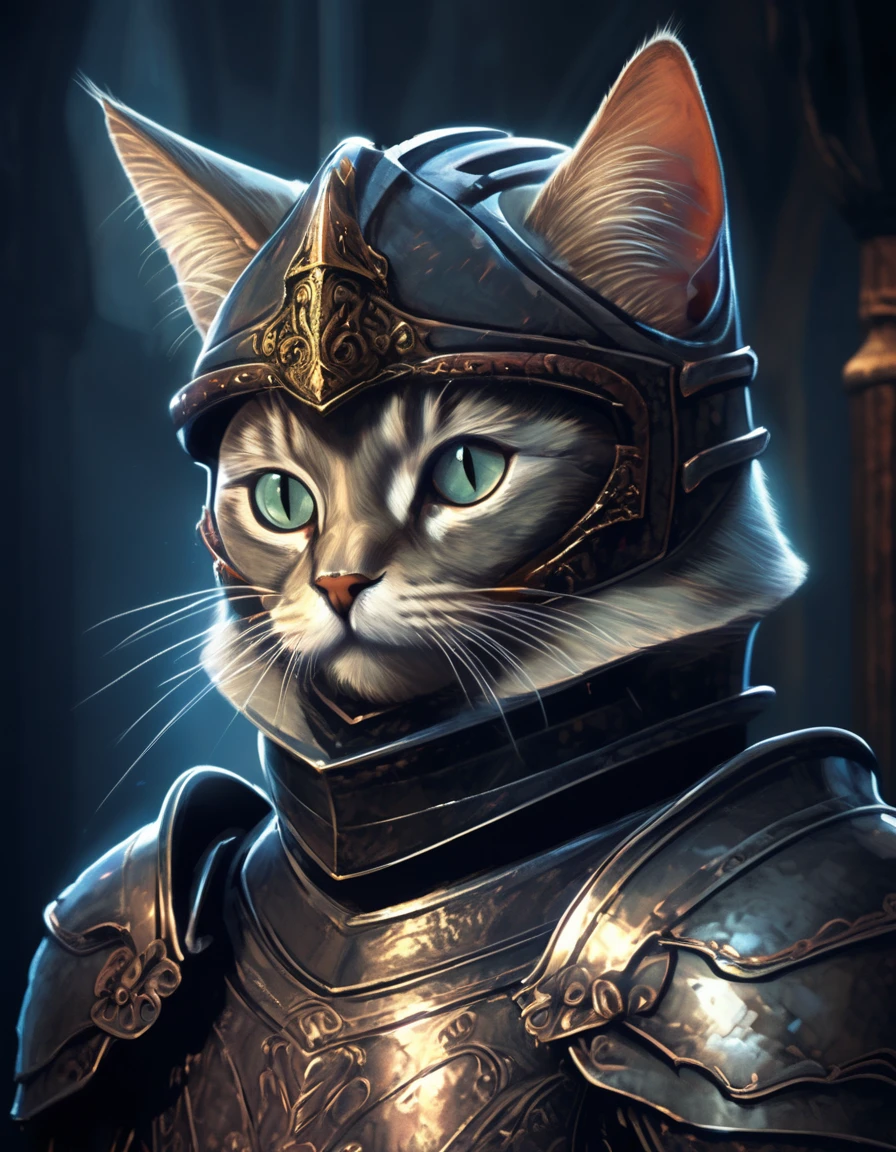 a knight cat wearing gothic armor, digital art portrait, dark fantasy, dramatic lighting, intricate details, cinematic composition, moody atmosphere, muted color palette, highly detailed, award winning digital art, concept art
