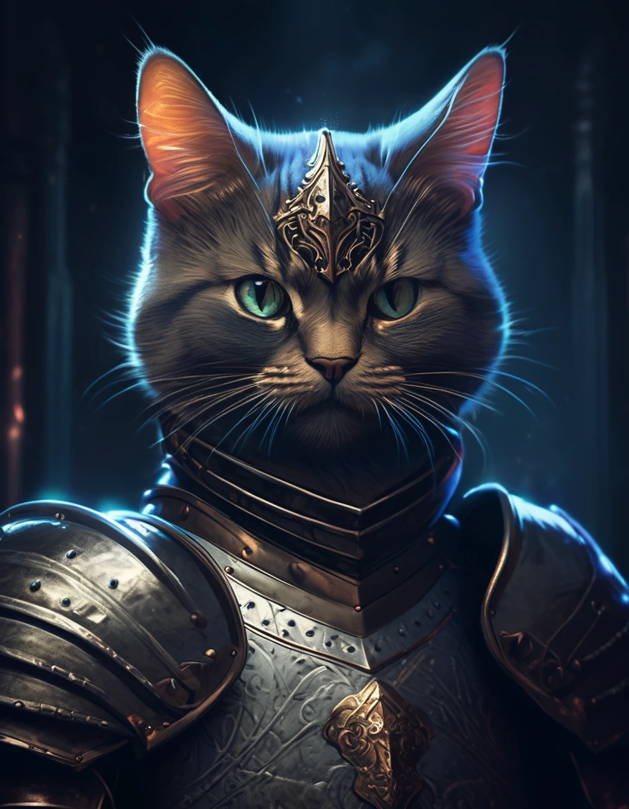 a knight cat wearing gothic armor, digital art portrait, dark fantasy, dramatic lighting, intricate details, cinematic composition, moody atmosphere, muted color palette, highly detailed, award winning digital art, concept art