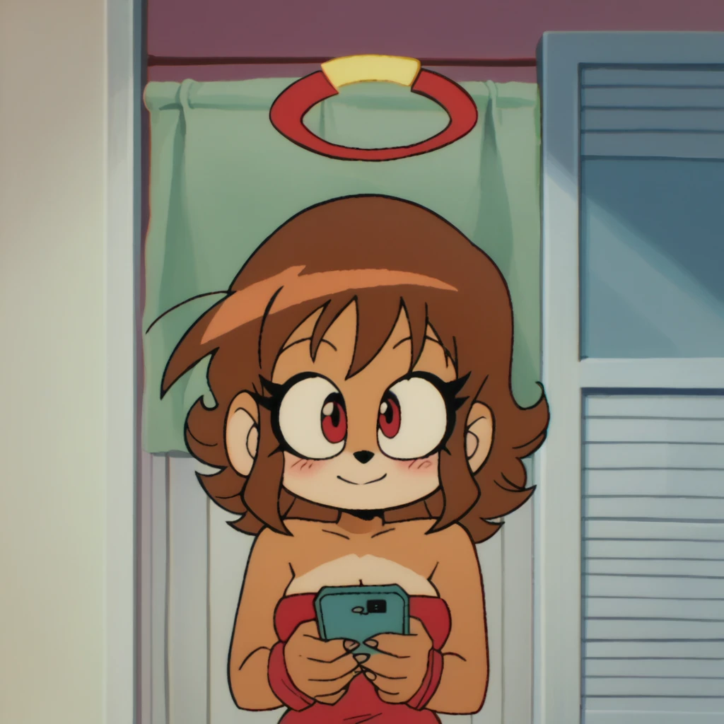 score_9, score_8_up, mobian, hedgehog, two-tone fur ((orange fur, brown fur)), wrapped in towel, medium breasts, two-tone hair (brown hair, black tip)), curly hair, halo, red eyes, longeyelashes, red eyes, smile, shy, blush, holding phone