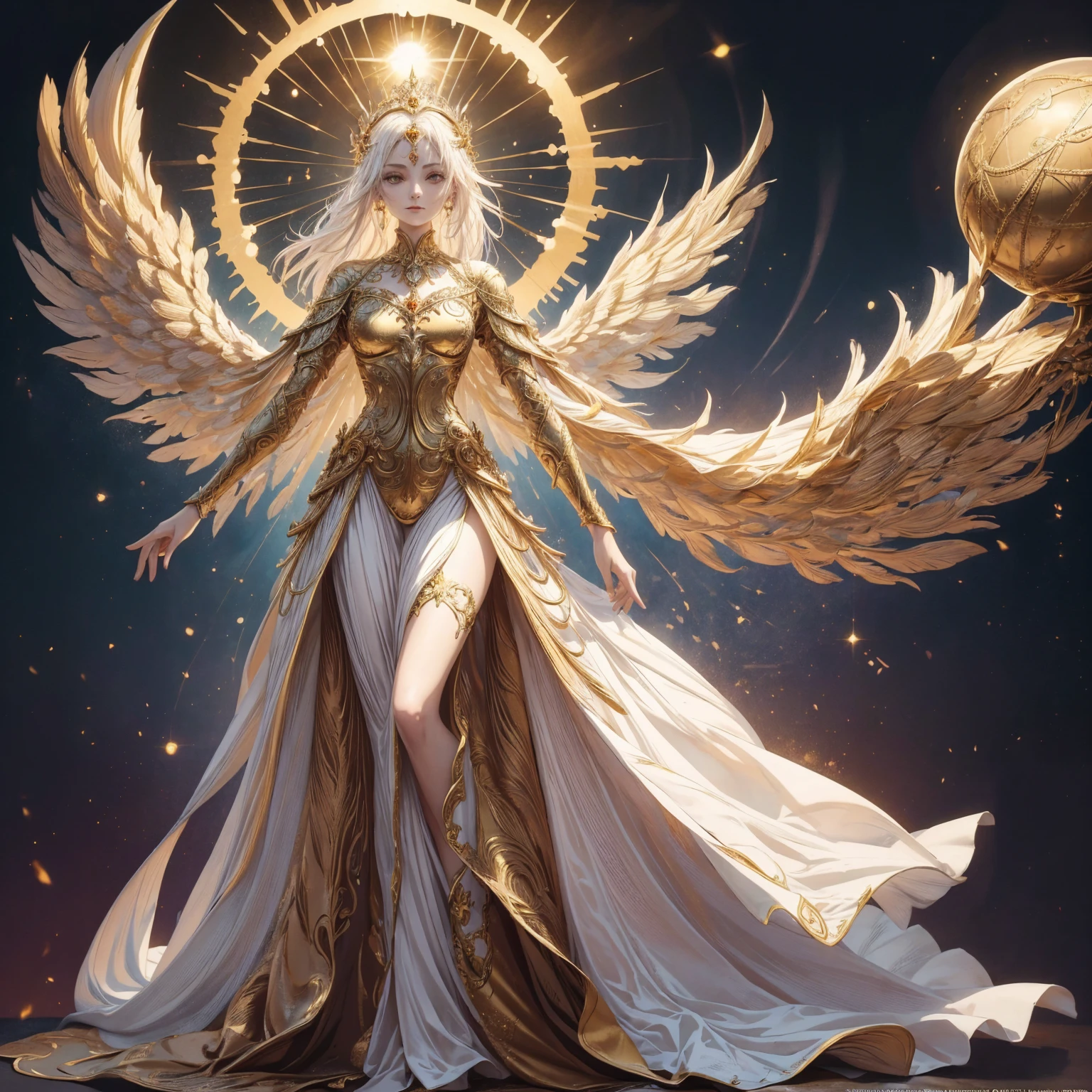 The goddess wearing the sun crown is looking down at the art of mortals, Wearing a gorgeous golden breastplate that exposes a small amount of skin above the chest, Wearing a gorgeous golden dress, A pair of giant angel wings taller than the body spread out behind the woman., ancient goddess art, Sacredness. Very detailed, Mysterious inspiration, Inspiration from the Sun God, Religious inspiration, A divine background, Cold and snobbish face, Dangerous expressions, White hair, Standing pose floating in the air, Holding a splendid sphere as bright as the sun, Full body portrait, Gothic art style, Weird art style, Occult art