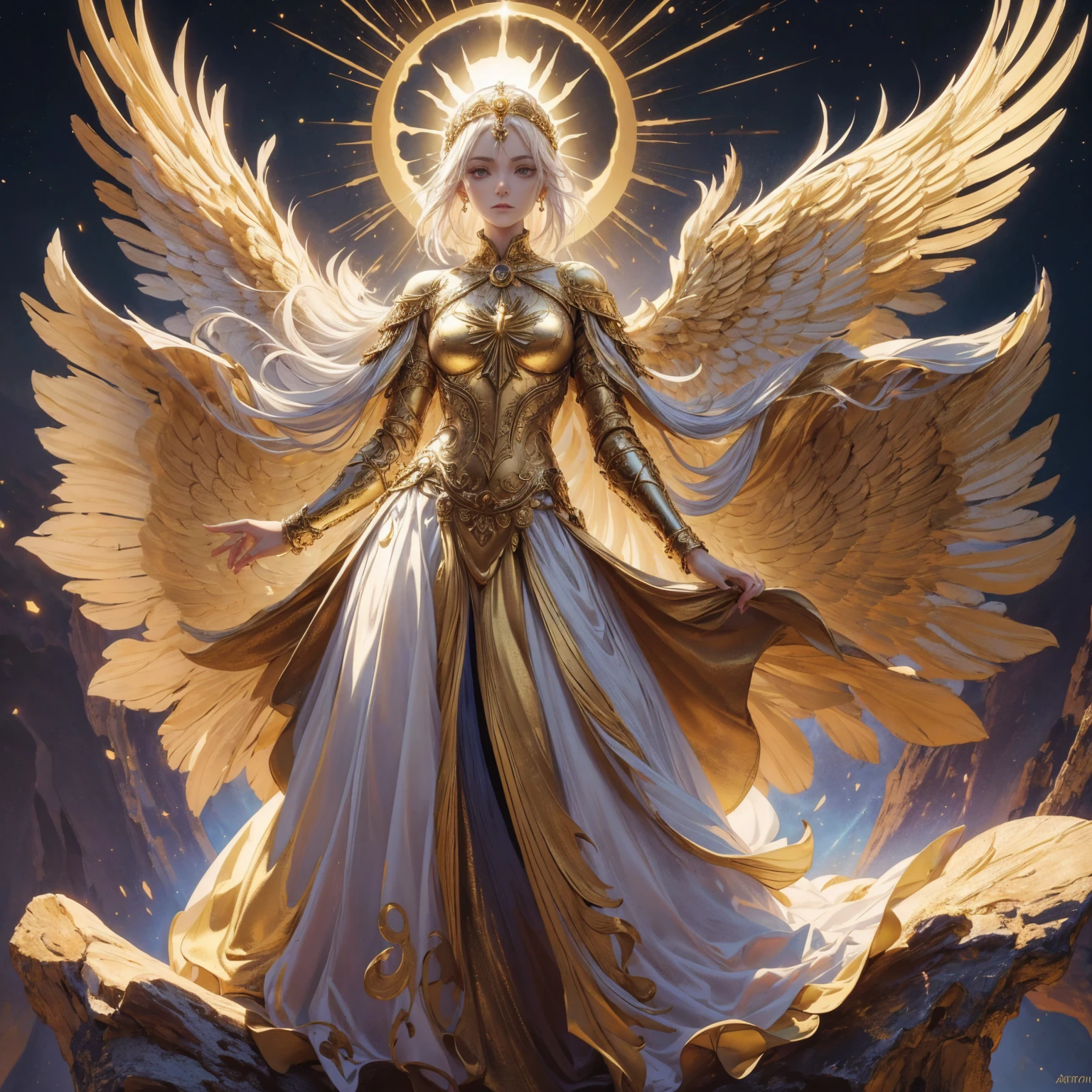 The goddess wearing the sun crown is looking down at the art of mortals, Wearing a gorgeous golden breastplate that exposes a small amount of skin above the chest, Wearing a gorgeous golden dress, A pair of giant angel wings taller than the body spread out behind the woman., ancient goddess art, Sacredness. Very detailed, Mysterious inspiration, Inspiration from the Sun God, Religious inspiration, A divine background, Cold and snobbish face, Dangerous expressions, White hair, Standing pose floating in the air, Holding a splendid sphere as bright as the sun, Full body portrait, Gothic art style, Weird art style, Occult art