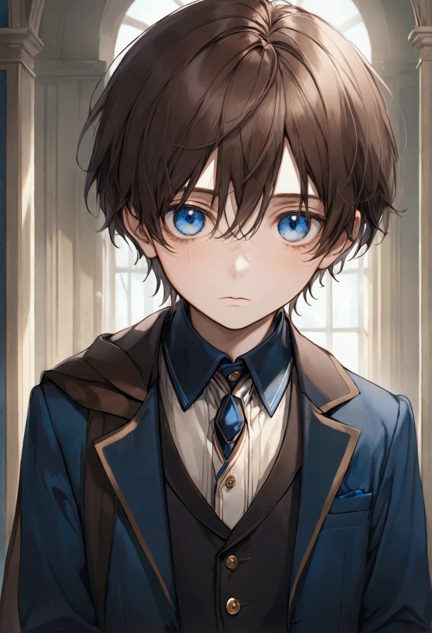 a beautiful boy, 9 years, very fine European features, Brown hair, blue eyes, very formal London clothes, sad look, peaceful look.