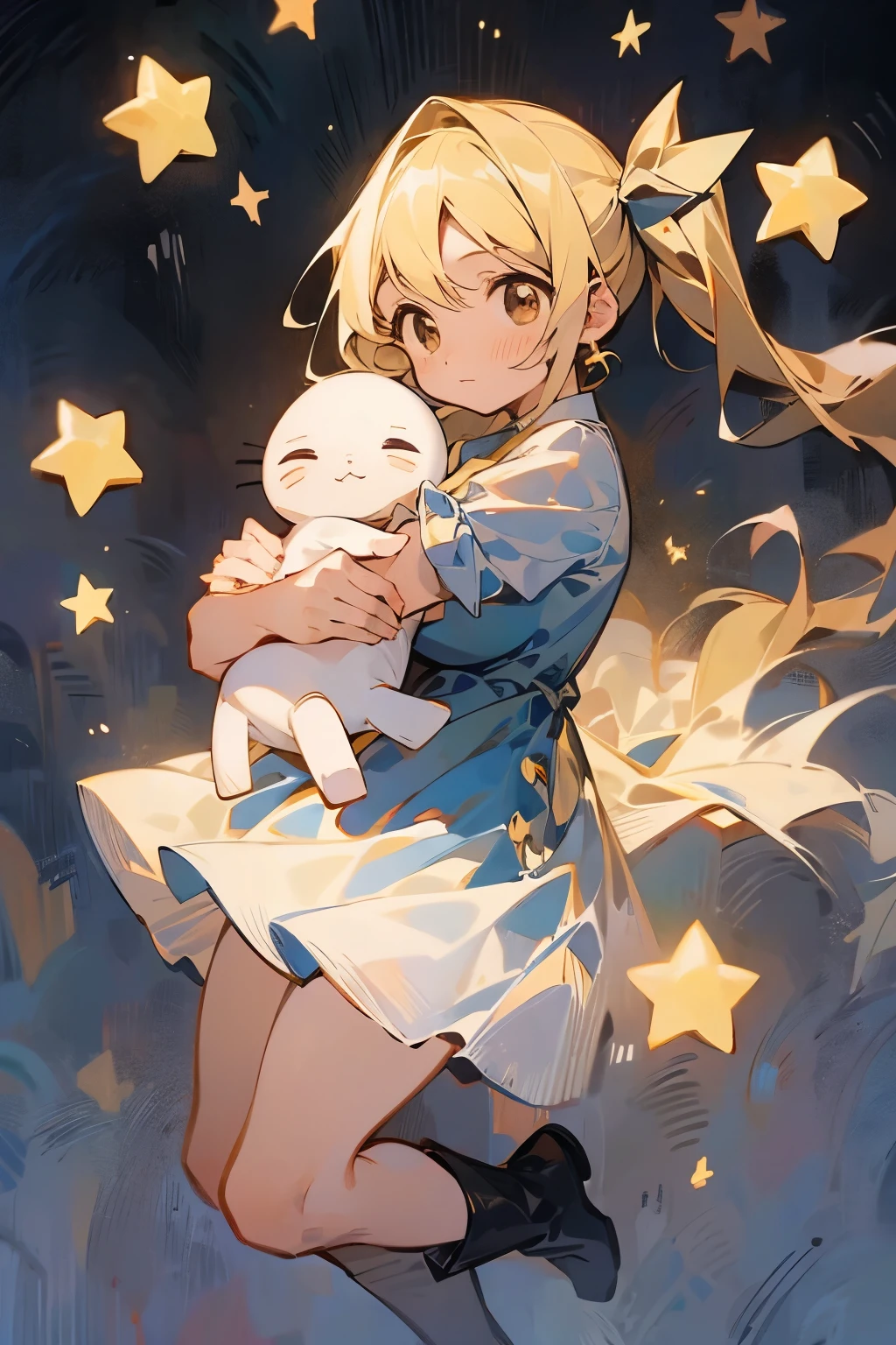 16-year-old girl、One girl,Hug a stuffed animal、白いHug a stuffed animal、Expressionless、Fantastic look、Fairy, Pointed Ears, masterpiece, Highest quality, High resolution, Lucy Heartfilia, Lucy Heartfilia, One girl, alone, Blonde Hair, Brown eyes, Long Hair, Side Ponytail, Hair Ribbon, Big Breasts, Earrings, Thigh-high boots, Blue Shirt, No sleeve, White Skirt, Dark Background, starlight, star,starをすくう、手のひらでstarを救い上げる
