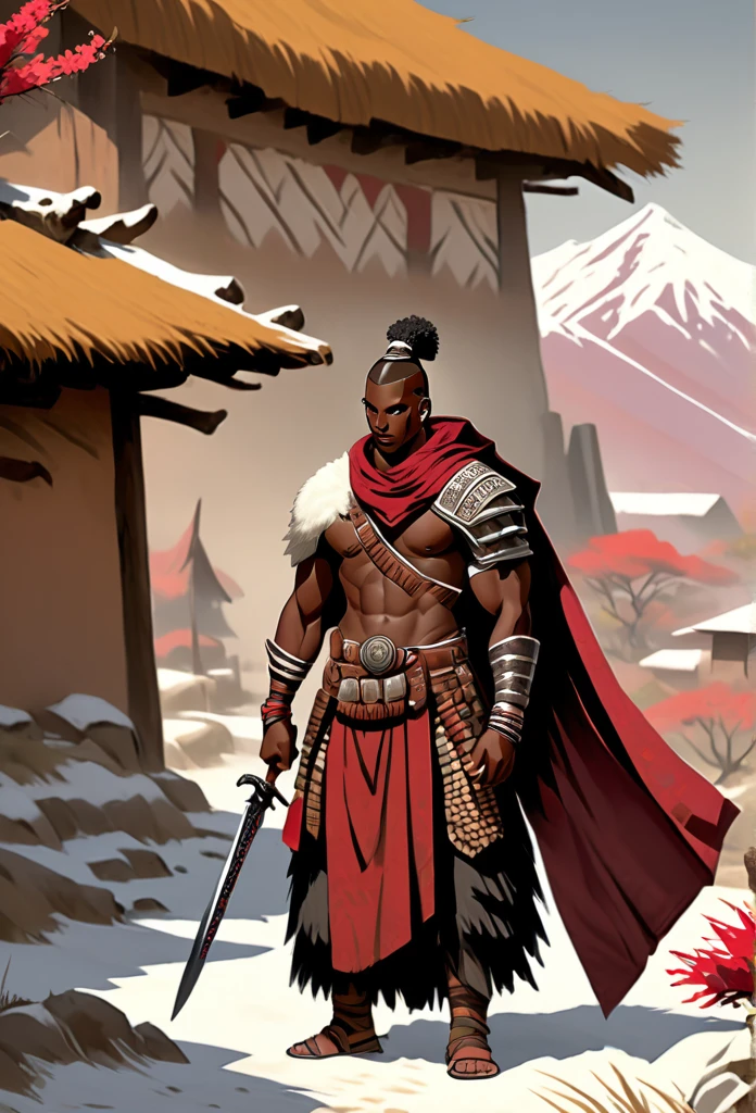 Ultra Realistic, Highly Defined Details, Rose flower, Snowy Mountain Range, Shadowy Distant Back Drop, Bones Liter The Ground, Shandy Color Shading Capturing the Mode, Young Adult African Male Villager, holding a Rose Flower, On Top Of Tall Mountain, Piercing Gaze, Serious Sharp Facial Features, Fit Athletic Muscular Physique, Bone Mail Armor, Peaces of tribal decorations tied to armbands, Bone chest plate armor, Lightly armored belt buckle dagger and in a sheath, Bone carved Hilt and Sword, wrapped in crimson decorated cloth Worn On the Back, Dark Crimson Cloak, Distant Shot Full Body View, Holding a Flaming Rose, Snowy Day, Snowy Mountain, Snow on the Ground, A lot of Snow, Tribal Village, Distance Picture, 6 meters Distant Side View Angle, Side View picture,