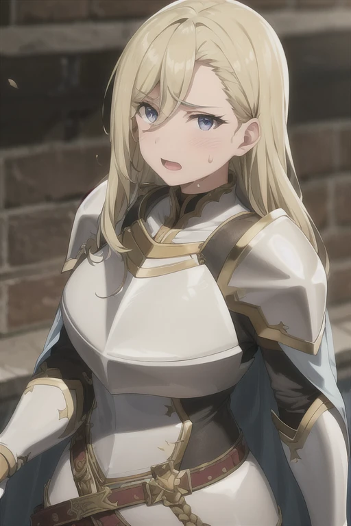 1female_knight, upper body, armor, long hair, highly detailed face, facing the viewer, looking at the viewer, aroused facial expression, blush, sweat, open mouth, best quality, breastplate, cape, shoulder armor, blurry background