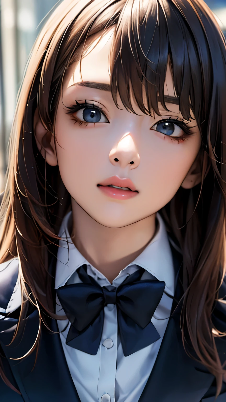 (hig彼st quality、8k、32K、masterpiece)、(Realistic)、(Realistic:1.2)、(High resolution)、Very detailed、Very beautiful face and eyes、1 girl、Delicate body、(hig彼st quality、Attention to detail、Rich skin detail)、(hig彼st quality、8k、Oil paints:1.2)、Very detailed、(Realistic、Realistic:1.37)、Bright colors、Full Body Shot, ((high school girl:1.6, Navy Blazer:1.6, Navy pleated mini skirt)), (Closed blazer, Grey bow tie, White collared shirt, Black thigh-high socks)