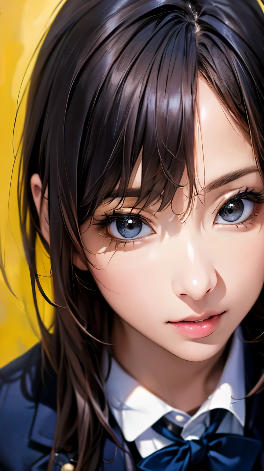 (hig彼st quality、8k、32K、masterpiece)、(Realistic)、(Realistic:1.2)、(High resolution)、Very detailed、Very beautiful face and eyes、1 girl、Delicate body、(hig彼st quality、Attention to detail、Rich skin detail)、(hig彼st quality、8k、Oil paints:1.2)、Very detailed、(Realistic、Realistic:1.37)、Bright colors、Full Body Shot, ((high school girl:1.6, Navy Blazer:1.6, Navy pleated mini skirt)), (Closed blazer, Grey bow tie, White collared shirt, Black thigh-high socks)