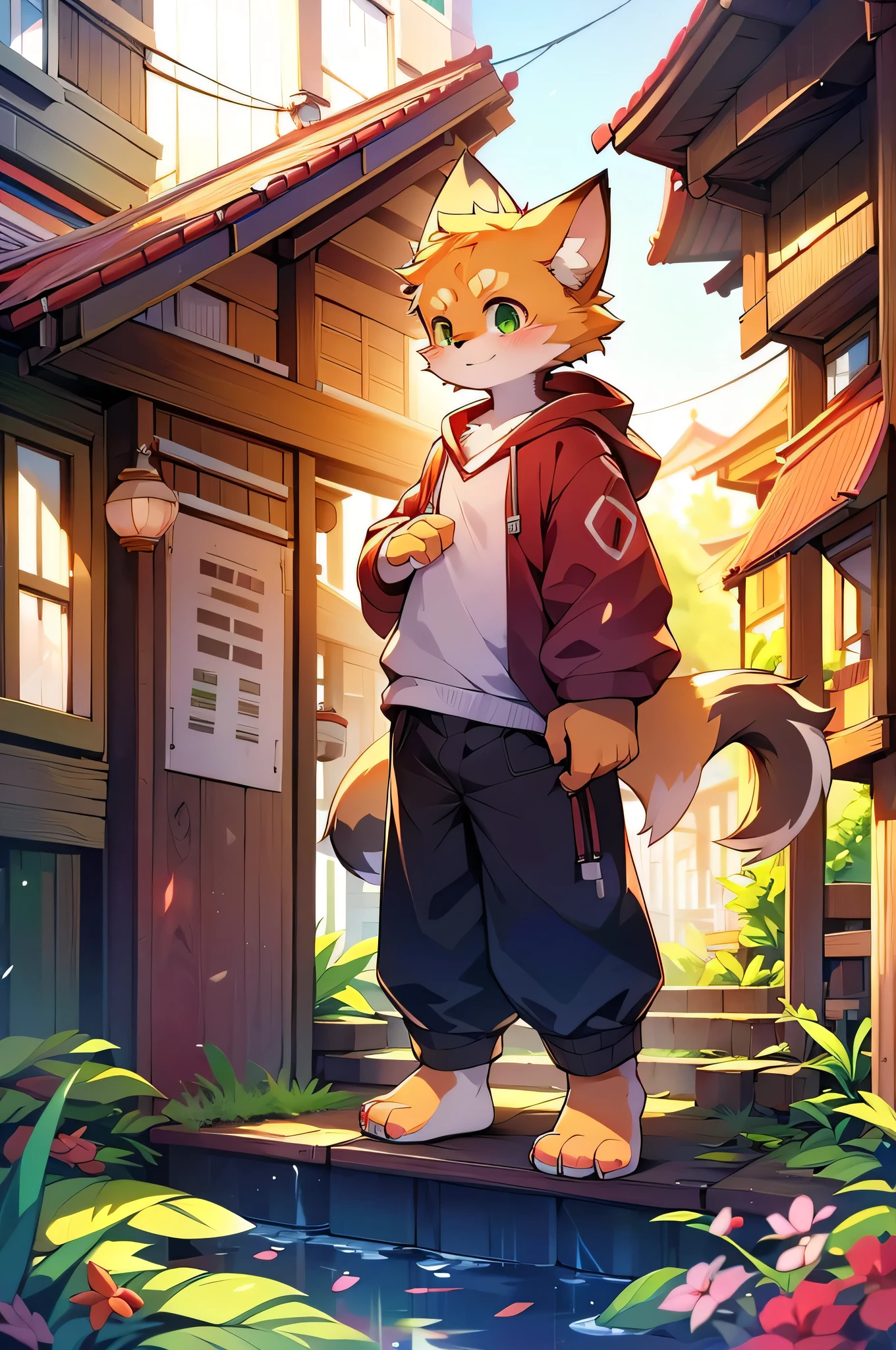 Furry,Cat,boy,8k resolution,最High resolution,                   High resolution,Wearing a hoodie,Green Eyes,summer,Stand on your own two feet！There are two,Five fingers on a hand,Five toes,tall,：tall stature,fit,medium,Standard,(Dagashi street: 1.1)Detailed background one person,Hairy,Super detailed:1.0,Japanese-style city,Kyoto