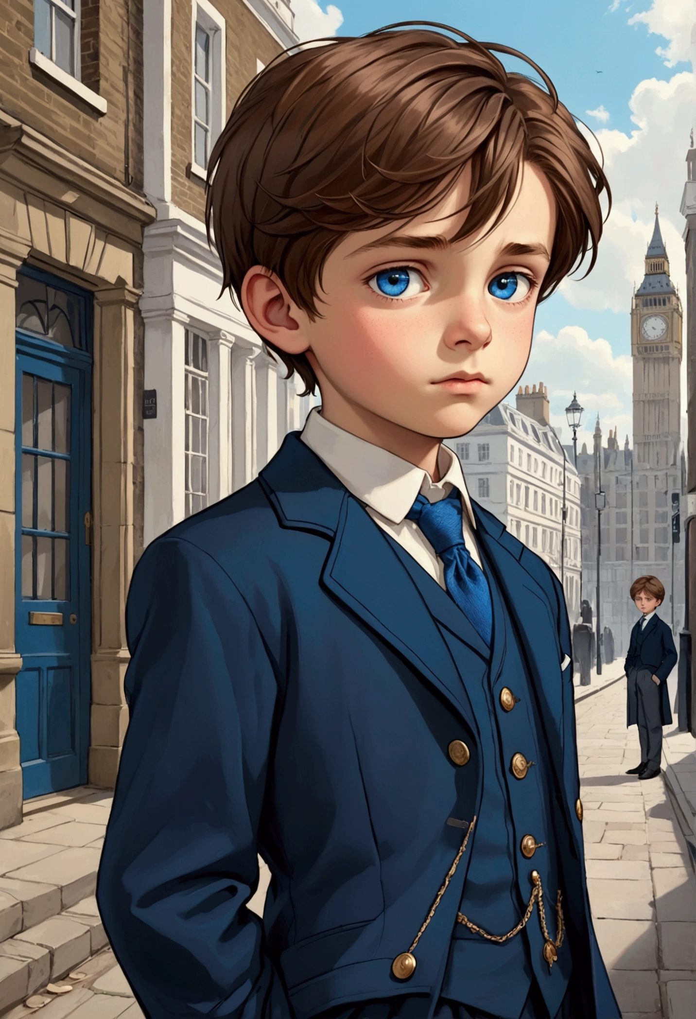 a beautiful boy, 9 years, very fine European features, Brown hair, blue eyes, very formal London clothes, sad look, peaceful look.