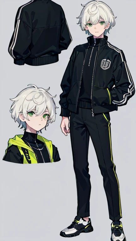 masterpiece, Facial details, Very detailed, 8k, Modern Style, ((One young man)), woman, Short white hair, Green Eyes, black track jacket, Black trousers, I can see the shoes, White Background, joy, reference sheet,