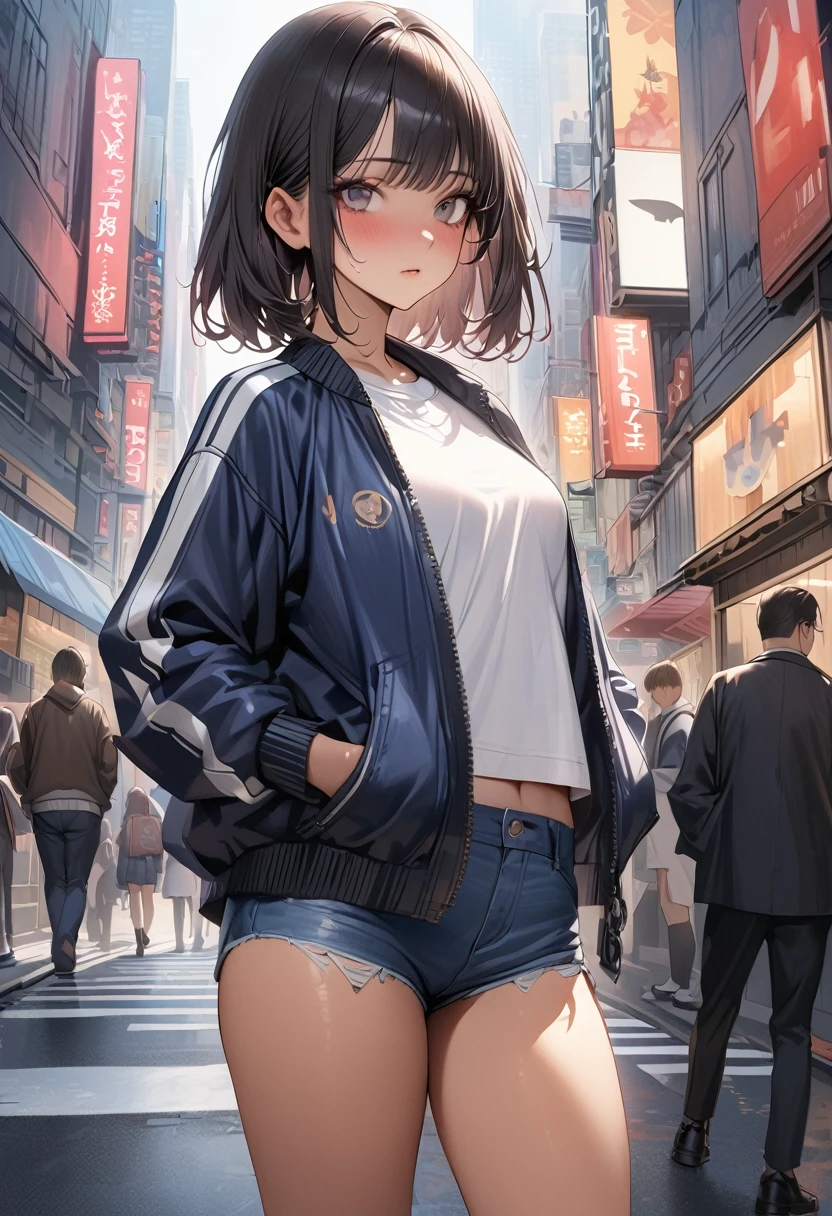 ((masterpiece,Highest quality:1.3,best quality illustration)),(realistic:1.2)、cowboy shot,独奏,1woman,((Mature Beauty)),black hair,(very short bob hair),bangs,black eyes,(gorgeous big eyes),(very small head),blush,(very long body,skinny,slender body,tan skin),((Navy blue baseball jacket)),small breasts,gleaming skin,oily skin,denim micro shorts,Wearing a white tank top and a blouson,on street,New York City、