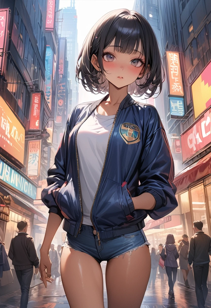 ((masterpiece,Highest quality:1.3,best quality illustration)),(realistic:1.2)、cowboy shot,独奏,1woman,((Mature Beauty)),black hair,(very short bob hair),bangs,black eyes,(gorgeous big eyes),(very small head),blush,(very long body,skinny,slender body,tan skin),((Navy blue baseball jacket)),small breasts,gleaming skin,oily skin,denim micro shorts,Wearing a white tank top and a blouson,on street,New York City、