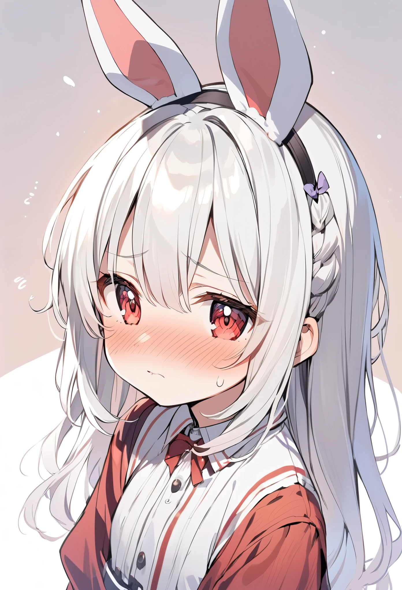 Anime girl with white hair and bunny ears, Red eyes, Shy blush,