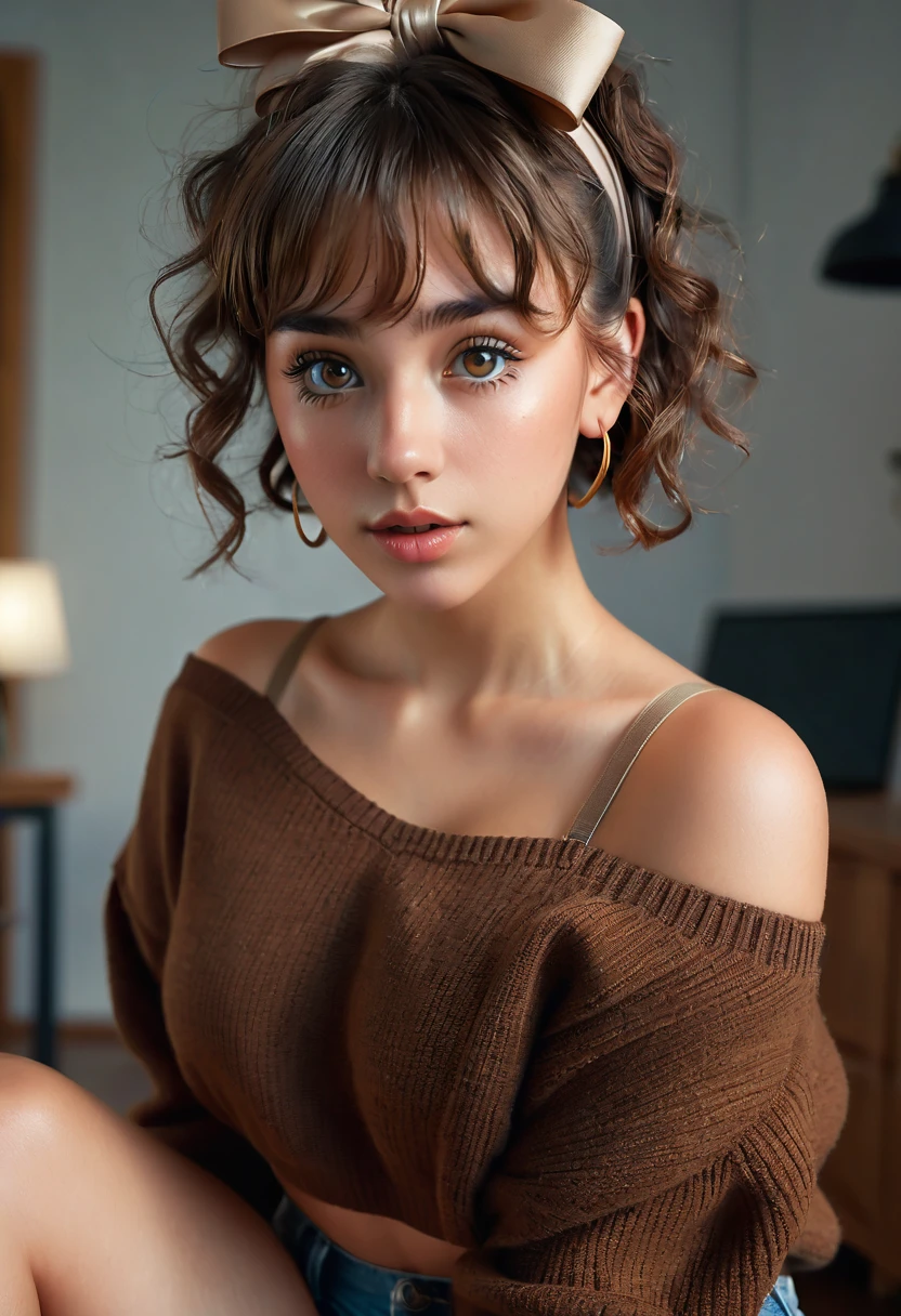 (best quality, 4k, highres, highres face details), 18 yrs old, 1girl, solo, athletic figure, tan skin, hoop earrings, perfect nose, perfect lips, fake lashes, large breasts, large butt, deep cleavage, cute face, wearing an off the shoulder brown sweater, midriff showing, wearing jean shorts, brown hair, short curly hair, crossed bangs, brown eyes, constricted pupils, hair ribbon, hoop earrings, cinematic lighting, Ultra-Wide Angle, Canon, Hyperrealism, UHD, masterpiece, textured skin, high details, best quality, detailed eyes, detailed iris, whole body photo, posing for the camera