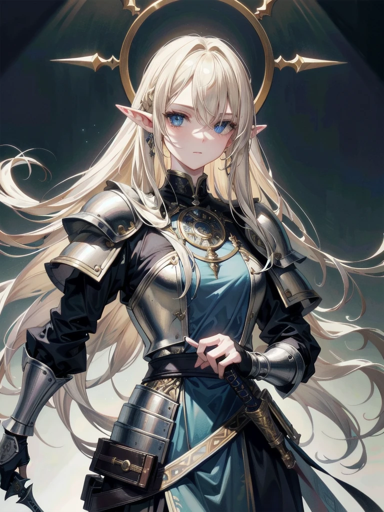 ((best quality)), ((masterpiece)), (detailed), perfect face, perfect detailed eyes, perfect detailed face, ultra-detailed nose, blonde hair, messy hair, hair over eyes, medium hair, pale skin, forehead mark, pointy ears, cinematic lighting, chiaroscuro, elf, Female Knight, Elf Hero, (Wearing iron armor, Hold a dagger in right hand), cowboy shot