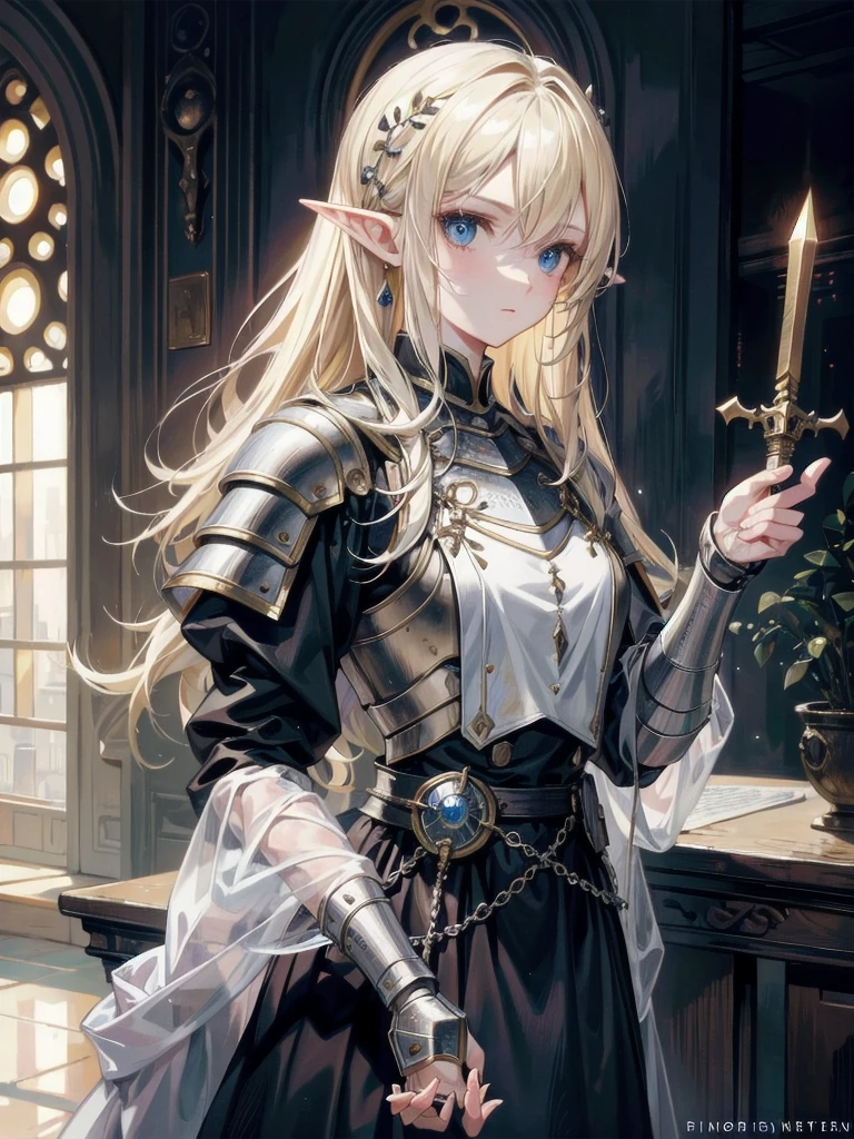 ((best quality)), ((masterpiece)), (detailed), perfect face, perfect detailed eyes, perfect detailed face, ultra-detailed nose, blonde hair, messy hair, hair over eyes, medium hair, pale skin, forehead mark, pointy ears, cinematic lighting, chiaroscuro, elf, Female Knight, Elf Hero, (Wearing iron armor, Hold a dagger in right hand), cowboy shot