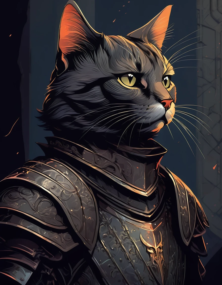 a knight cat wearing gothic armor, digital art portrait, dark fantasy, dramatic lighting, intricate details, cinematic composition, moody atmosphere, muted color palette, highly detailed, award winning digital art, concept art