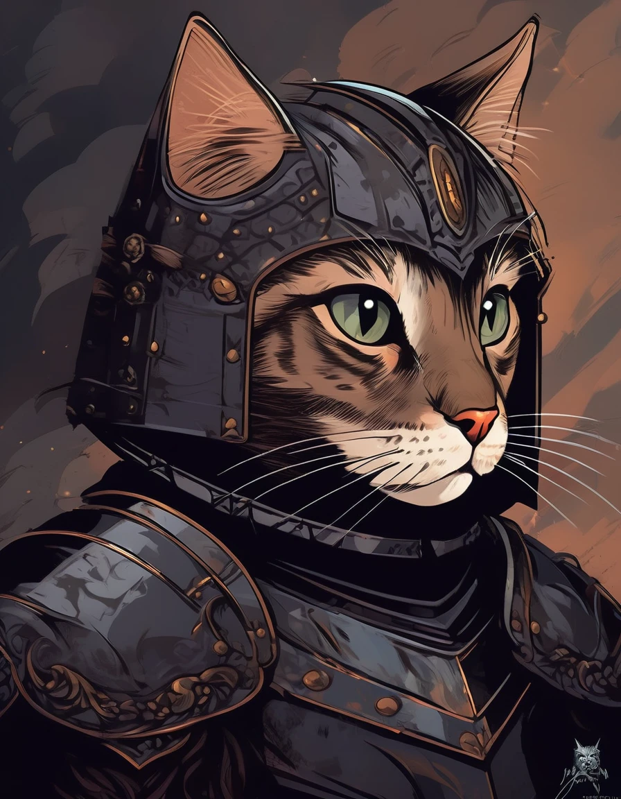 a knight cat wearing gothic armor, digital art portrait, dark fantasy, dramatic lighting, intricate details, cinematic composition, moody atmosphere, muted color palette, highly detailed, award winning digital art, concept art