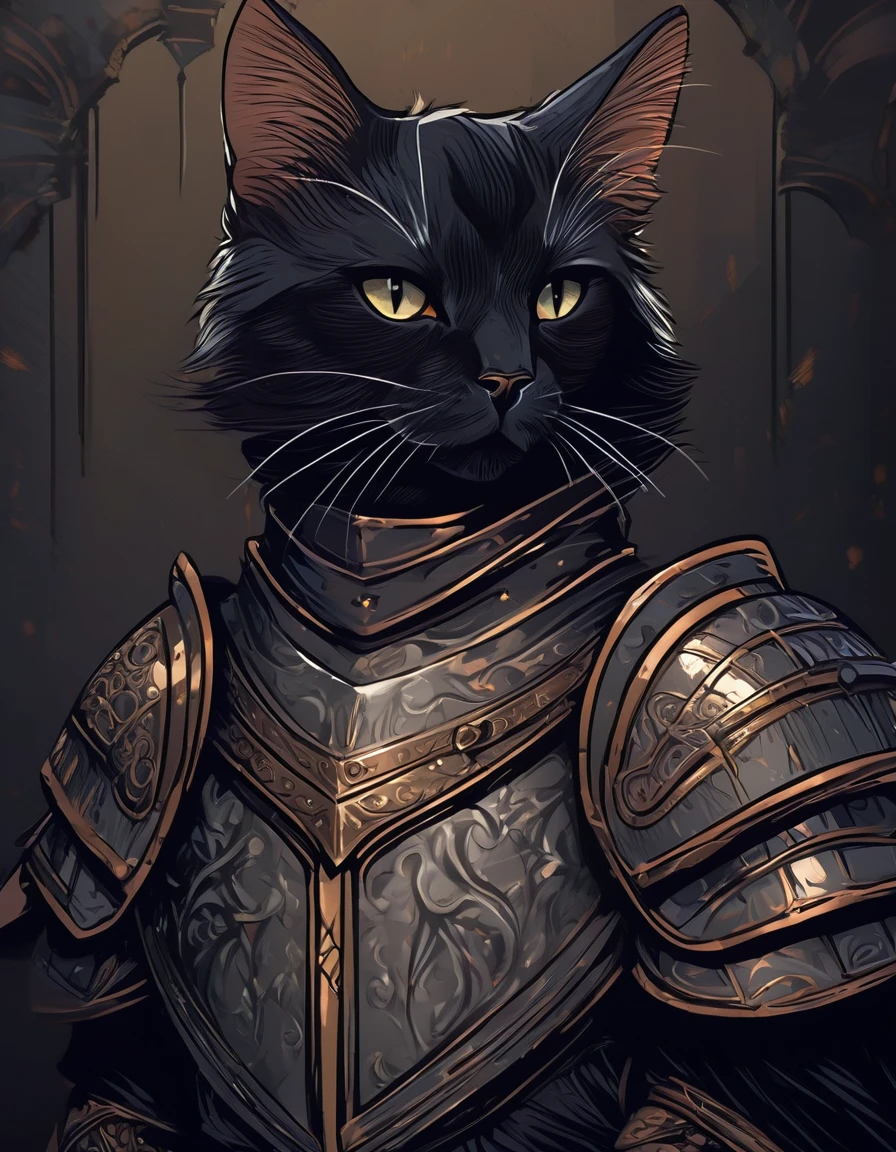 a knight cat wearing gothic armor, digital art portrait, dark fantasy, dramatic lighting, intricate details, cinematic composition, moody atmosphere, muted color palette, highly detailed, award winning digital art, concept art