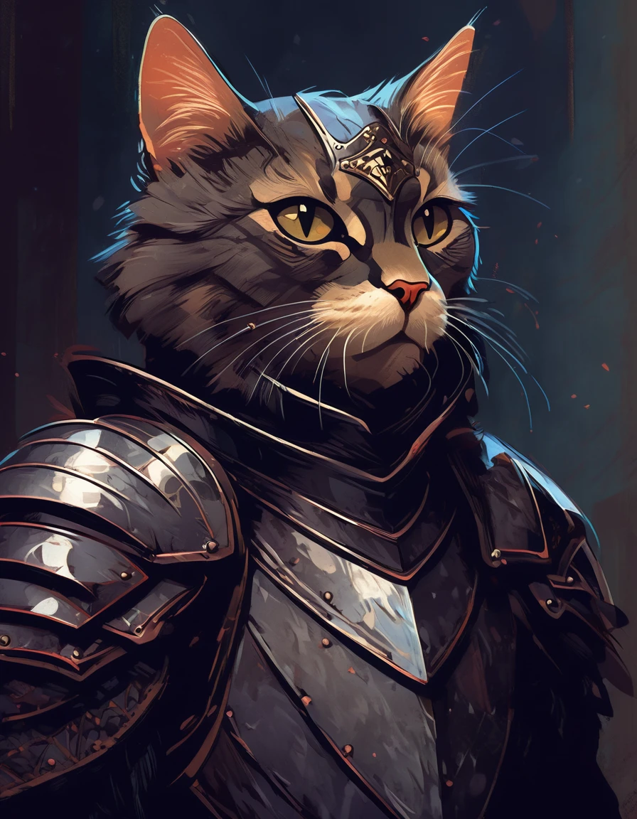 a knight cat wearing gothic armor, digital art portrait, dark fantasy, dramatic lighting, intricate details, cinematic composition, moody atmosphere, muted color palette, highly detailed, award winning digital art, concept art