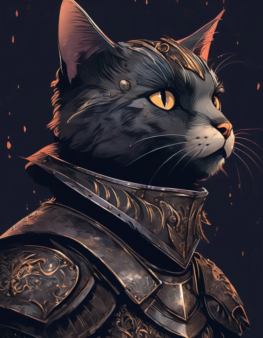 a knight cat wearing gothic armor, digital art portrait, dark fantasy, dramatic lighting, intricate details, cinematic composition, moody atmosphere, muted color palette, highly detailed, award winning digital art, concept art