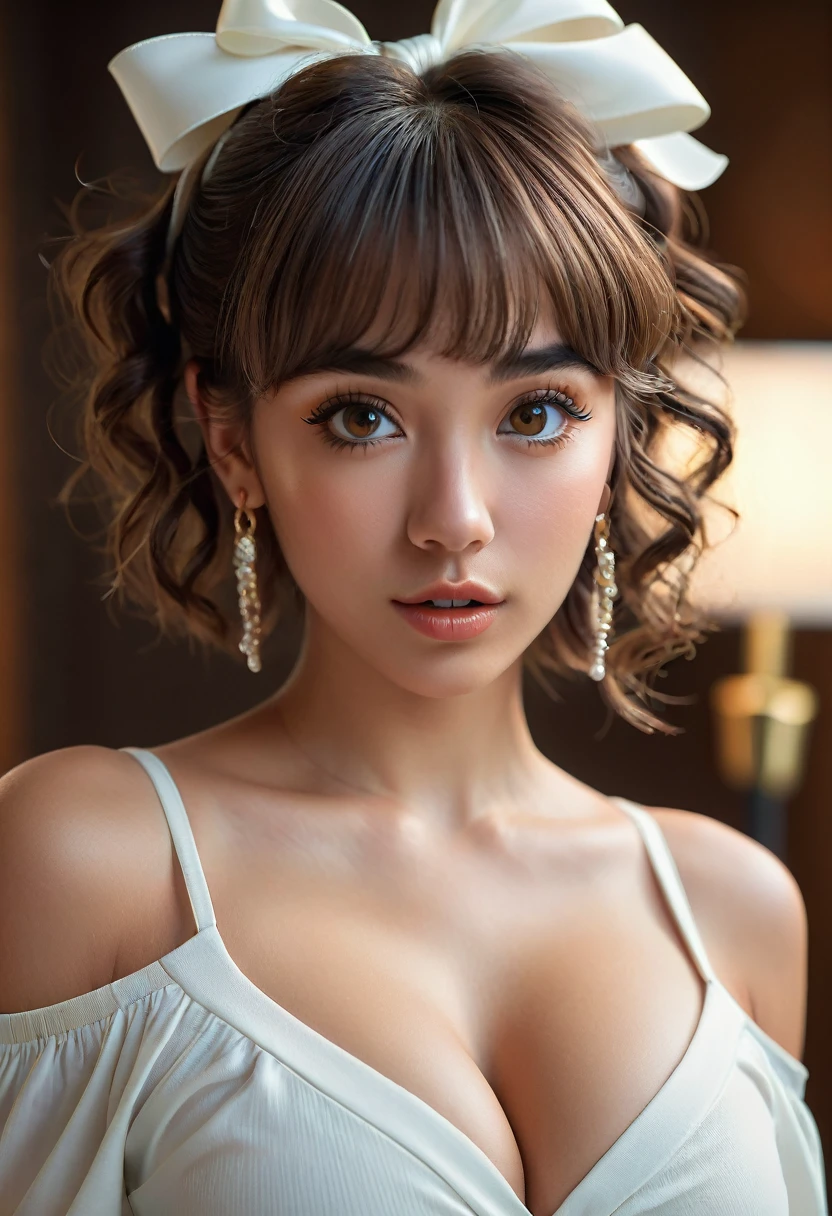 (best quality, 4k, highres, highres face details),18 yrs old, 1girl, solo, athletic figure, tan skin, hoop earrings, perfect nose, perfect lips, fake lashes, large breasts, large butt, deep cleavage, pretty face, cute face, wearing an off the shoulder white blouse, midriff showing, wearing leggings, brown hair, short curly hair, crossed bangs, brown eyes, constricted pupils, hair ribbon, hoop earrings, cinematic lighting, Ultra-Wide Angle, Canon, Hyperrealism, UHD, masterpiece, textured skin, high details, best quality, detailed eyes, detailed iris, whole body photo, posing for the camera