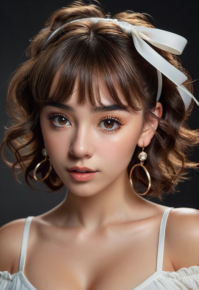 (best quality, 4k, highres, highres face details),18 yrs old, 1girl, solo, athletic figure, tan skin, hoop earrings, perfect nose, perfect lips, fake lashes, large breasts, large butt, deep cleavage, pretty face, cute face, wearing an off the shoulder white blouse, midriff showing, wearing leggings, brown hair, short curly hair, crossed bangs, brown eyes, constricted pupils, hair ribbon, hoop earrings, cinematic lighting, Ultra-Wide Angle, Canon, Hyperrealism, UHD, masterpiece, textured skin, high details, best quality, detailed eyes, detailed iris, whole body photo, posing for the camera