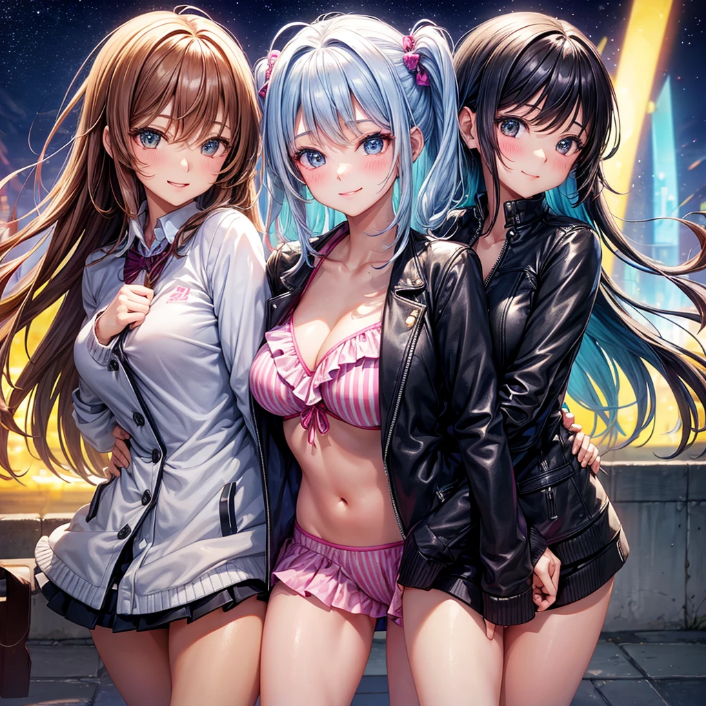 best quality,,smile,blazer,swimsuit,nepal,High-dimensional beautiful girl,leather jacket,Multidimensional beautiful girl,複数人のgirlが描かれている,They are hugging each other,Colorful,Different world,girlの集団,JK,Swimwear,bikini,girl,Sexy and cute,New generation,Evolution of fashion,middle School girlultiple girls are depicted,harem,idol group,starry sky background,photo shoot,long hair,wearing a cardigan,beautiful girlの国,girl's paradise,highest quality,big breasts,leather jacket,happy girl,horny girl,Blue eyes,perfect face,standing position,She has her bangs down,fur jacket,Beautiful eyes,smooth hair,perfect eyes,beautiful girl,Angel Girl,multicolored hair colors,naughty girl,beautiful,High-dimensional beautiful girl,Multidimensional beautiful girl,gathering,Group、,