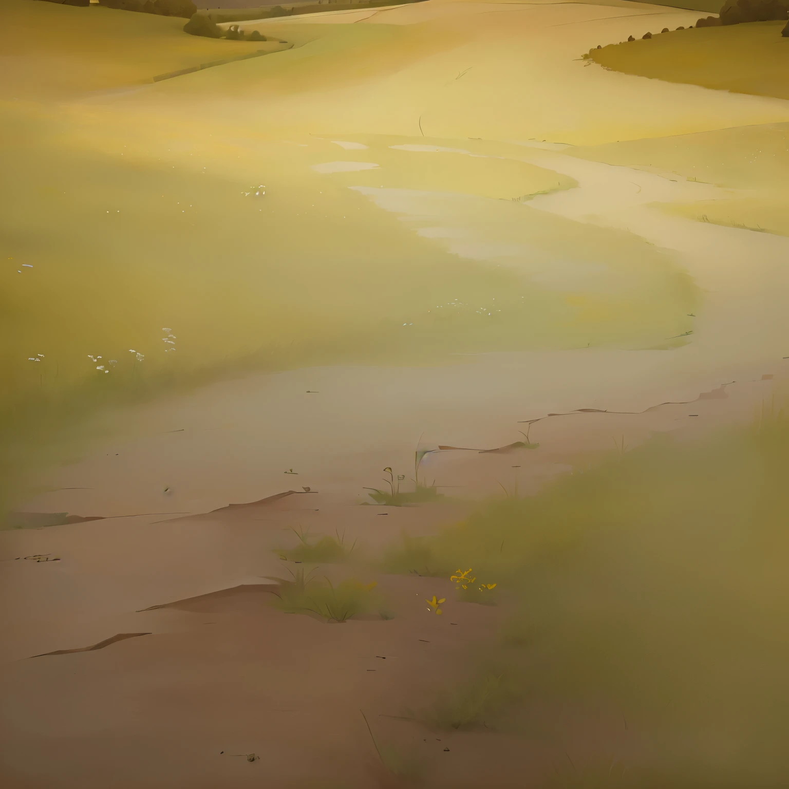 grassland，There is a dirt path，Flowers on the grass，细化grassland，具象化grassland，A bunch of grass
