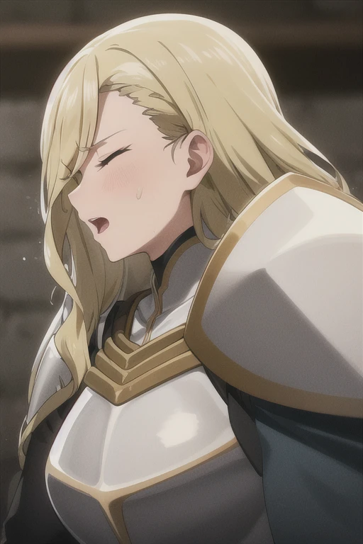 1female_knight, upper body, armor, long hair, highly detailed face, aroused facial expression, blush, sweat, open mouth, closed eyes, best quality, breastplate, cape, shoulder armor, blurry background