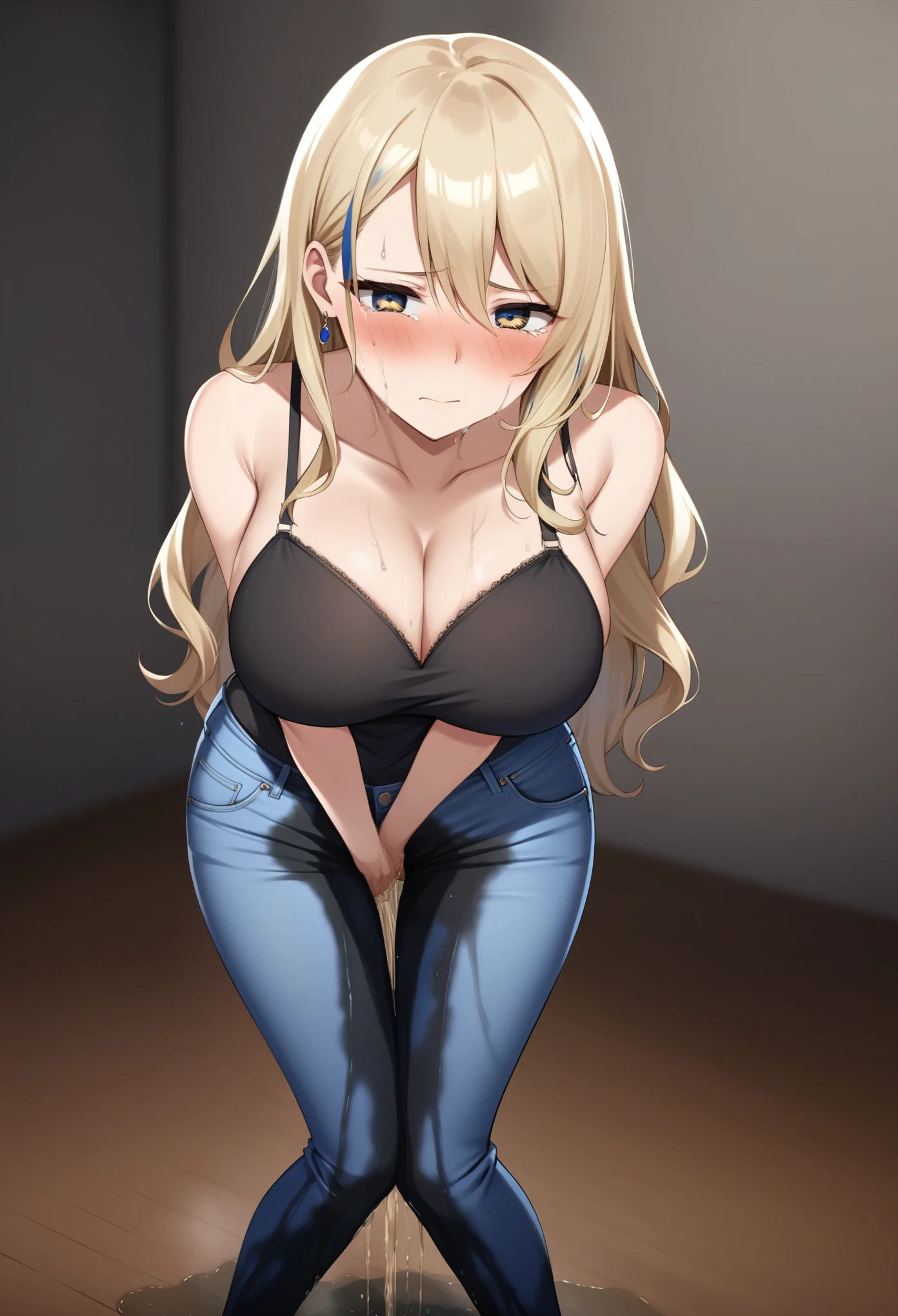 (high quality,Very detailed:1.37, High resolution), Woman, Serval Landau, jeans, large breasts, wetting herself, (standing:1.5), embarrassed, humiliation, (sweating:1.5), (blushing:1.5), Meticulous details, (extremely detailed eyes:1.37)