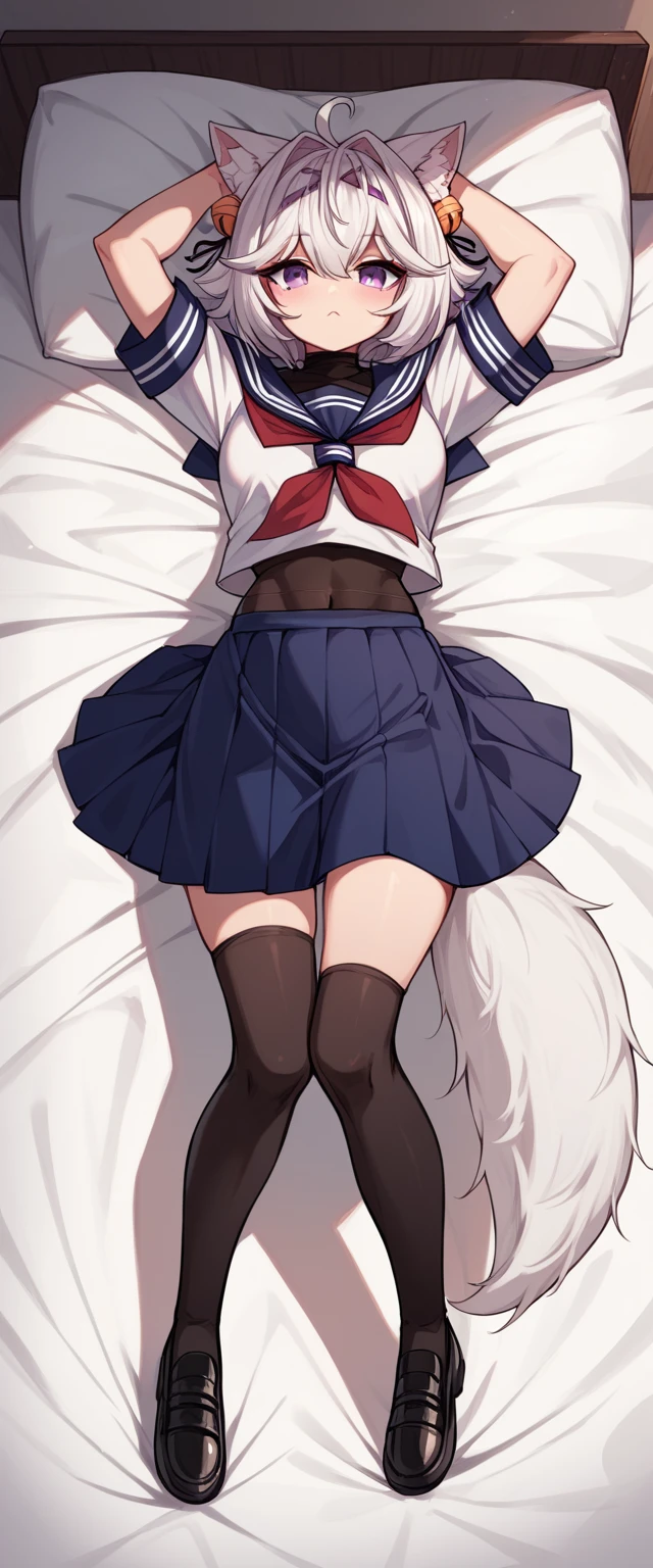 Messy Bed, 1girl, solo, FilianSailor, fluffy fox tail, cat ears, white hair, short hair, ahoge, hairclip, hair bell, big purple eyes, slight blush, grinning, serafuku, red neckerchief, swimsuit under clothes, covered navel, blue skirt, black thighhigh, school black shoes with heals, full body pose, seductive pose, arms above the head, lying on bed