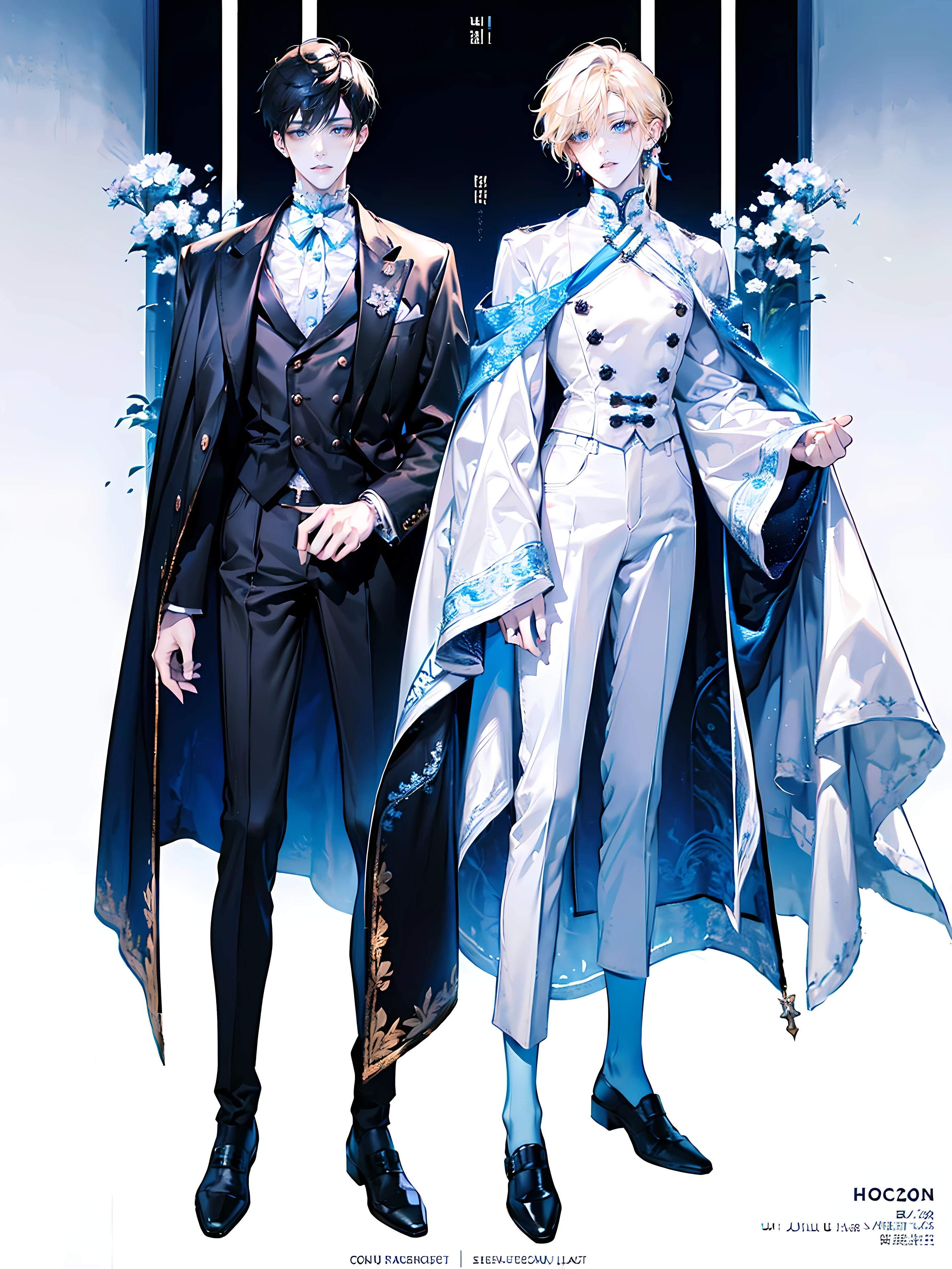 ((full body: 2)), ((UHD, masterpiece, super detail, best quality, highres, 8k)), (detailed line art), perfect face, perfect body, perfect hands, perfect feet.
Humans, around 20 years old, (2 males: 2.0), ((two characters)), male idols, (simple background, magazine cover style: 1.5).
Features of the first person :Gentle vibe, standing on the right, (bright blonde hair), (parallel eyebrows, light blue eyes, droopy eyes, thin lips), (white top, collarbone-revealing top, puffed sleeves top, white ribbon decorations:1.5, white frill decorations:1.5, white corset, high-waisted white pants, white belt, white leather shoes), (white ribbon choker), (angelic atmosphere), (looking forward).
Features of the second person : Cool vibe, standing on the left side, (black hair), (parallel eyebrows, light blue eyes, slanted eyes, thin lips), (black top, high-neck top, fitted top, black jacket, black belt decoration:1.5, black pants, black belt, black leather shoes), (black earrings, black bracelet), (devil-like atmosphere), (looking forward).