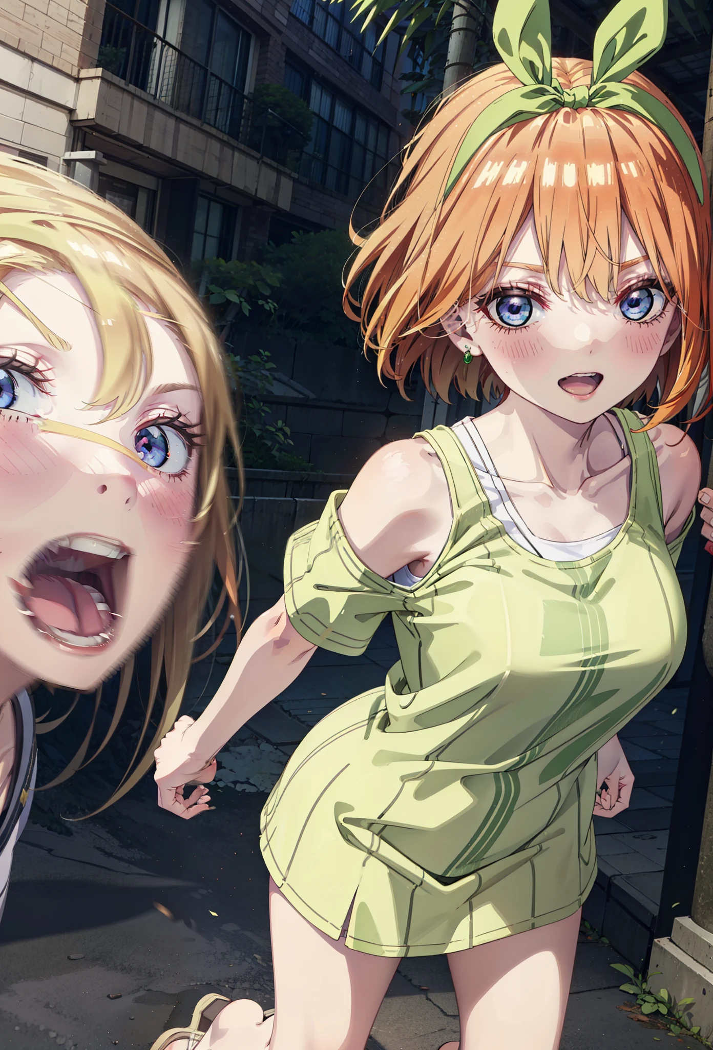 Yotsubanakano, Fourth floor Nakano, bangs, short hair, blue eyes, Hair between the eyes, hair ribbon, hair band, Orange Hair, (Green ribbon:1.5), smile, Open your mouth,blush,Cold Shoulder Shirt,Short sleeve,mini skirt,Heeled Sandals,Walking,True Summer,Clear skies,Daytime,Palm tree,whole bodyがイラストに入るように,
break outdoors, tropical,Tropical,Shopping Street,Shopping mall,
break looking at viewer,whole body,
break (masterpiece:1.2), Highest quality, High resolution, unity 8k wallpaper, (figure:0.8), (Beautiful attention to detail:1.6), Highly detailed face, Perfect lighting, Highly detailed CG, (Perfect hands, Perfect Anatomy),