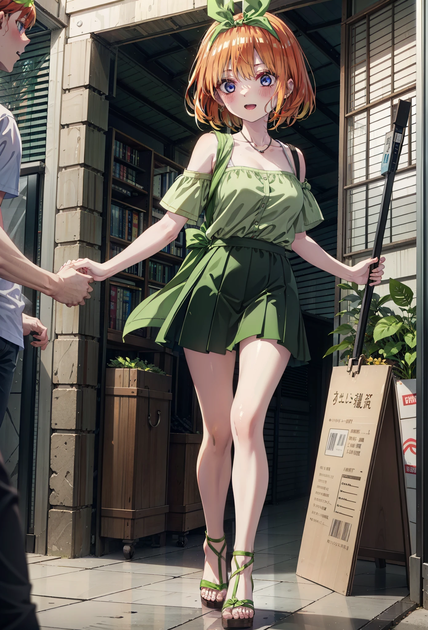 Yotsubanakano, Fourth floor Nakano, bangs, short hair, blue eyes, Hair between the eyes, hair ribbon, hair band, Orange Hair, (Green ribbon:1.5), smile, Open your mouth,blush,Cold Shoulder Shirt,Short sleeve,mini skirt,Heeled Sandals,Walking,True Summer,Clear skies,Daytime,Palm tree,whole bodyがイラストに入るように,
break outdoors, tropical,Tropical,Shopping Street,Shopping mall,
break looking at viewer,whole body,
break (masterpiece:1.2), Highest quality, High resolution, unity 8k wallpaper, (figure:0.8), (Beautiful attention to detail:1.6), Highly detailed face, Perfect lighting, Highly detailed CG, (Perfect hands, Perfect Anatomy),