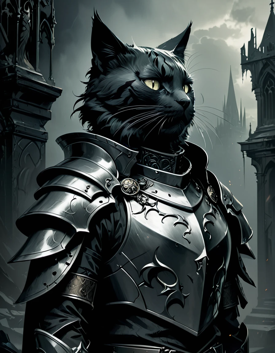 a knight cat wearing gothic armor, digital art portrait, dark fantasy, dramatic lighting, intricate details, cinematic composition, moody atmosphere, muted color palette, highly detailed, award winning digital art, concept art