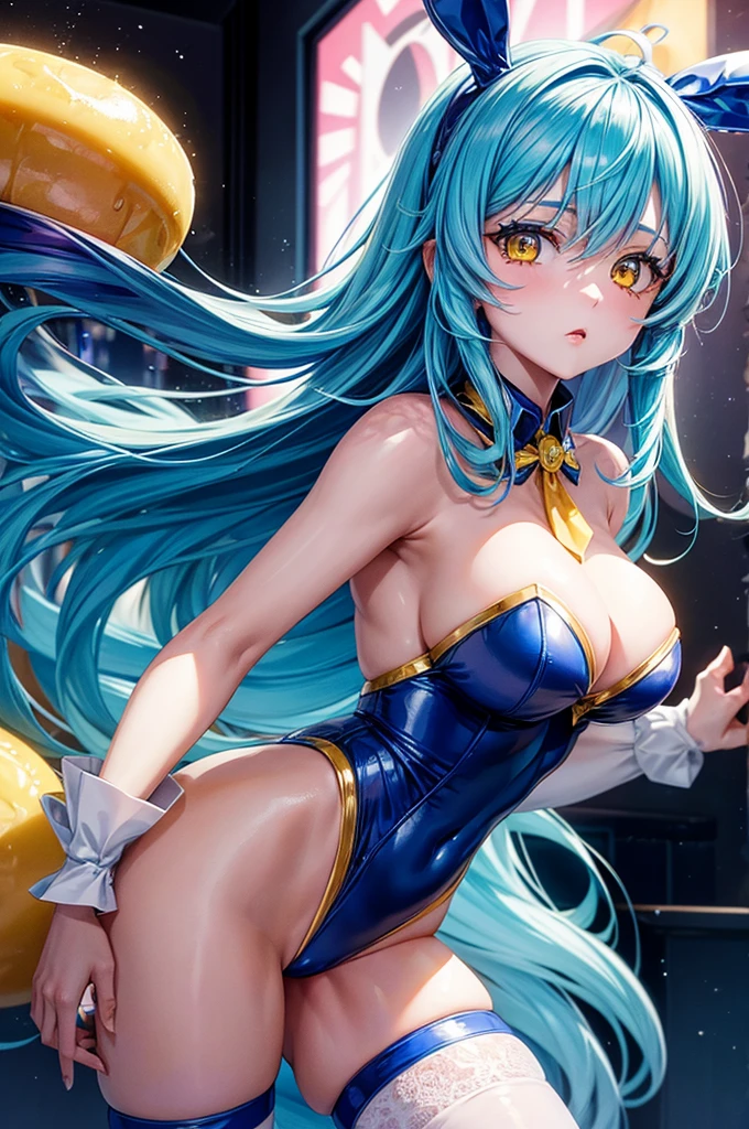 the character rimuru tempest, with yellow eyes wearing a blue bunny suit in a bar,she have a ager body and shes greedy