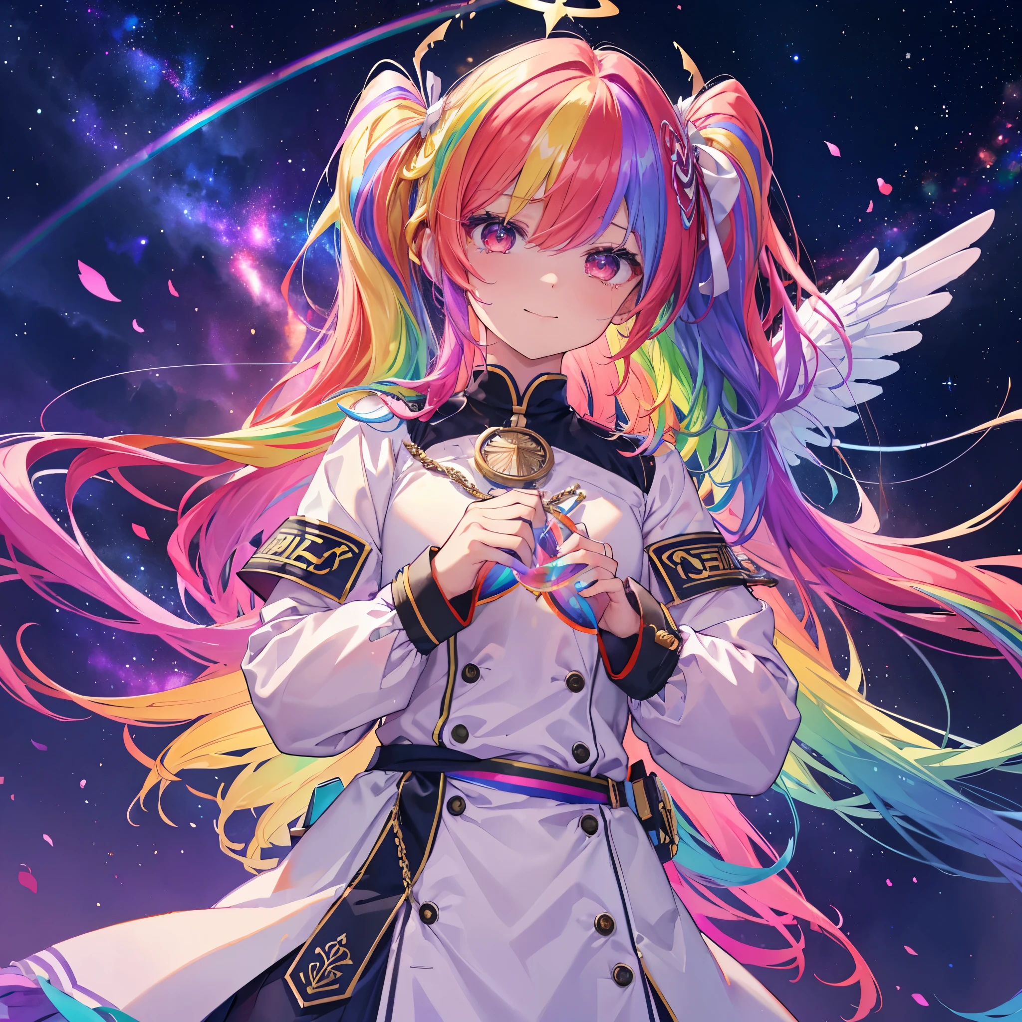 ((((Archangel、Angel Halo、Big Wings、Rainbow light))))　(((Fantasy　Rainbow Hair、Blowing in the Wind　Dye the inside of your hair rainbow colors　Twin tails　Dull red eyes　There is a galaxy　uniform、Put on a coat without putting your arms through it　Lonely　Smiling Kindly　front、Close-up)))　((tears　gloves))　(Broken glass　Rolling Pebble　star)　Catch the wind　milky way　Shining Background　Particles of light, rainbow colored edges　star