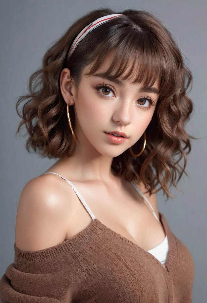 (best quality, 4k, highres, highres face details), 18 yrs old, 1girl, solo, athletic figure, tan skin, hoop earrings, perfect nose, perfect lips, fake lashes, large breasts, large butt, deep cleavage, cute face, wearing an off the shoulder brown sweater, midriff showing, wearing jean shorts, brown hair, short curly hair, crossed bangs, brown eyes, constricted pupils, hair ribbon, hoop earrings, cinematic lighting, Ultra-Wide Angle, Canon, Hyperrealism, UHD, masterpiece, textured skin, high details, best quality, detailed eyes, detailed iris, whole body photo, posing for the camera
