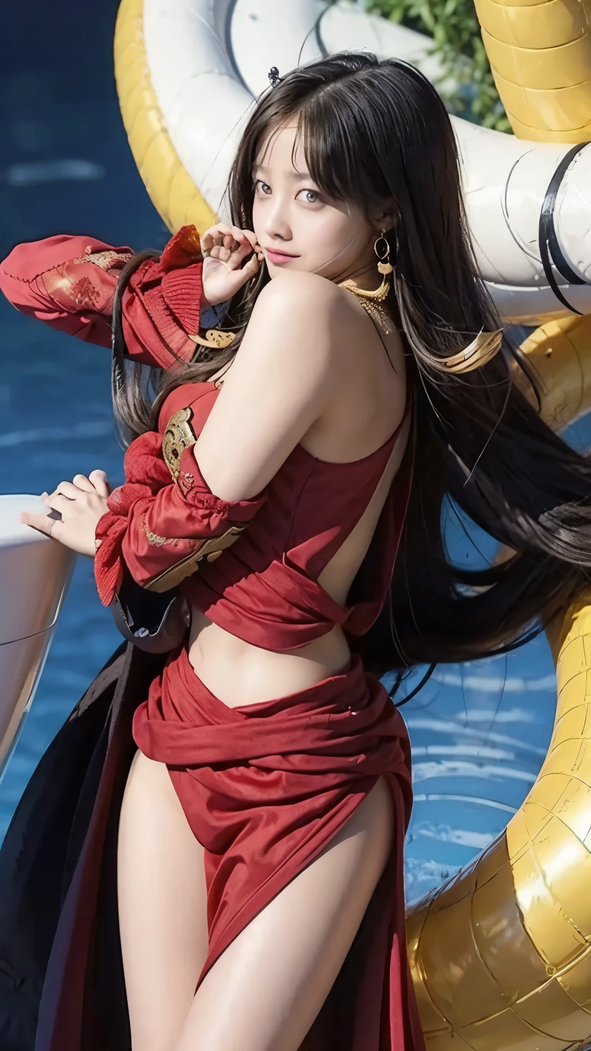 Moisturized skin, (Pink and bright eyes), (Looking down on people), Perfect body,
BREAK,
(Beautiful navel), (Side slit), (Epaulets), Cape, Crop top, Cloak,
BREAK,
(Super long hair), (Large gold and curved earrings: 1.2),
BREAK,
(((Masterpiece + Best quality + High resolution + Very detailed))), (Full body: 1.2), Symmetrical, One shot,
BREAK,
(On the ship: 1.3),
BREAK,
(ONE PIECE), (Hashimoto Kanna: 1.4), (Boa Hancock: 1.3), ((Large snake)),