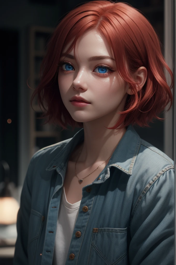 Light particles, soft lighting, volumetric lighting,
1girl, single,
red hair, short hair,
Blue eyes, long eyelashes, thick eyelashes, looking at the scenes,