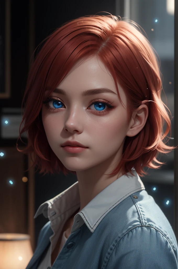 Light particles, soft lighting, volumetric lighting,
1girl, single,
red hair, short hair,
Blue eyes, long eyelashes, thick eyelashes, looking at the scenes,