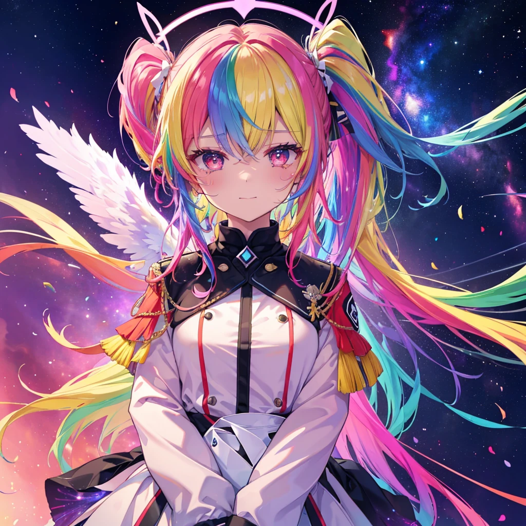 ((((Archangel、Angel Halo、Big Wings、Rainbow light)))) (((Fantasy Rainbow Hair、Blowing in the Wind Dye the inside of your hair rainbow colors Twin tails Dull red eyes There is a galaxy uniform、Put on a coat without putting your arms through it Lonely Smiling Kindly front、Close-up))) ((tears gloves)) (Broken glass Rolling Pebble star) Catch the wind milky way Shining Background Particles of light, rainbow colored edges star