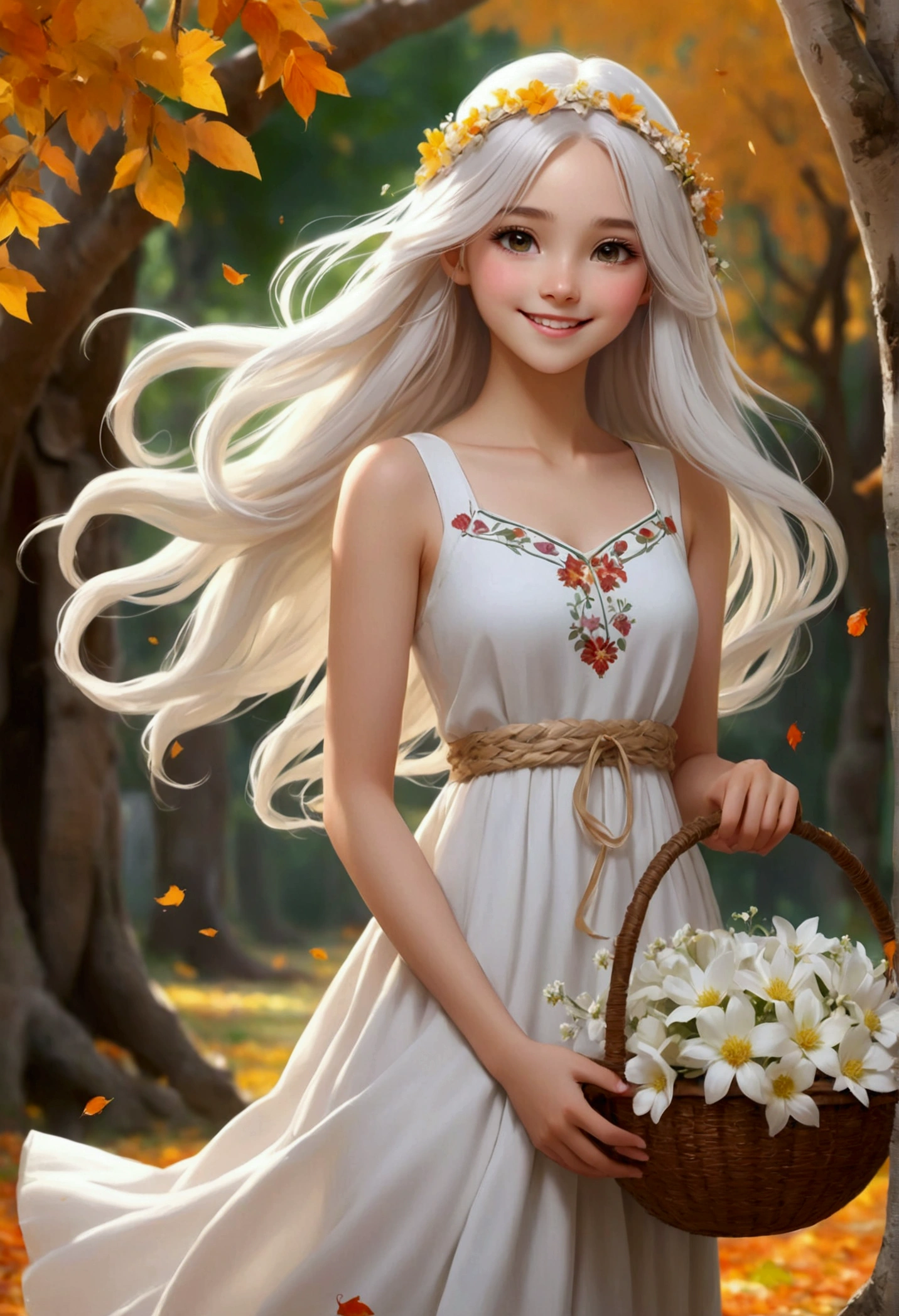 1girl,Long white hair decorated with flowers 🏵️, bright white eyes,Smile, smile,Girl wearing a simple white dress, looks beautiful and pure,The background is filled with ancient trees 🍁,Falling leaves make the atmosphere look beautiful,Girl is holding a weaved basket containing white  flowers 🍁while picking flowers, graceful, beautiful, magical, sweet, 4((Quality))